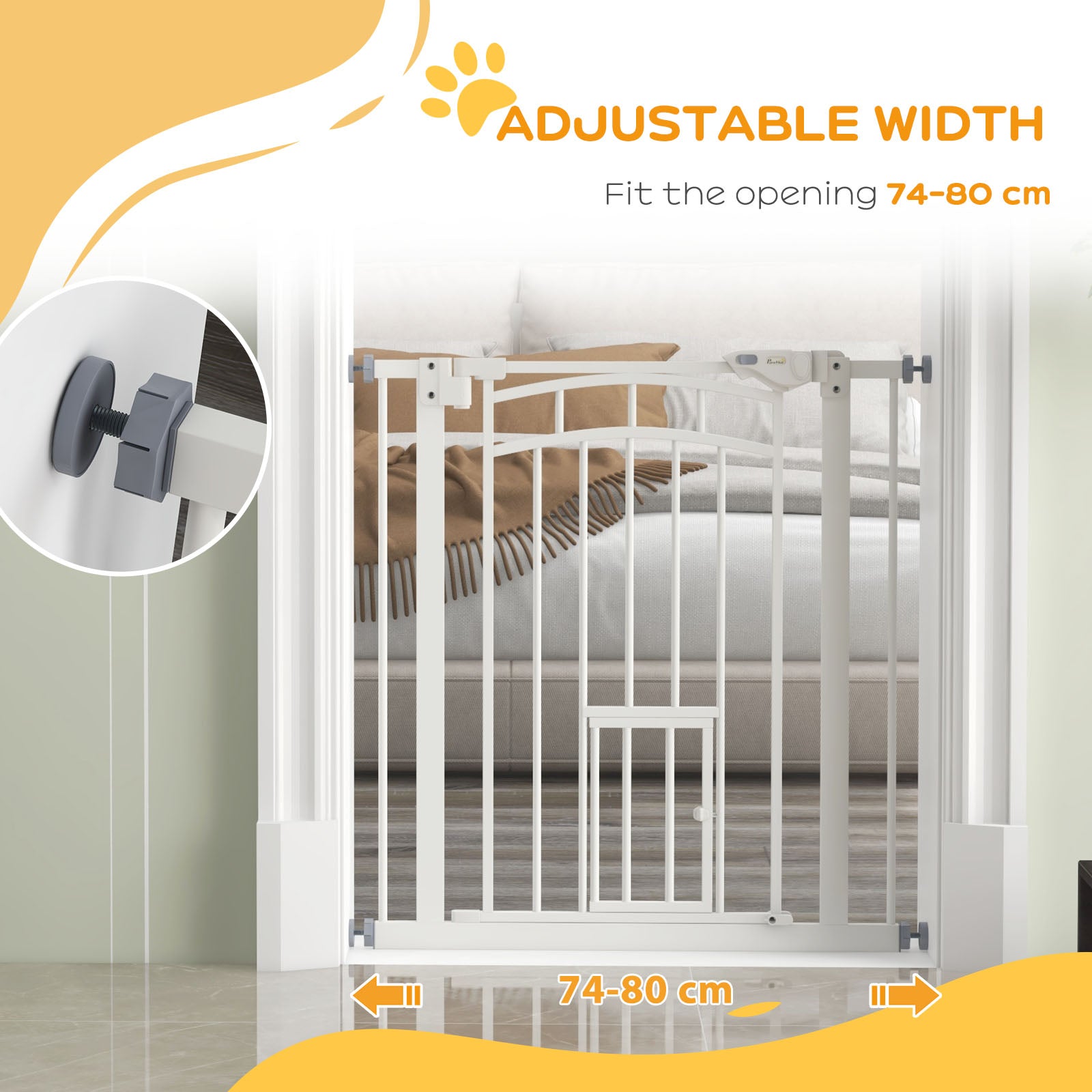 Pressure Fit Stair Gate, Dog Gate w/ Small Cat Door, Auto Closing System, Double Locking Openings, 74-80cm - White