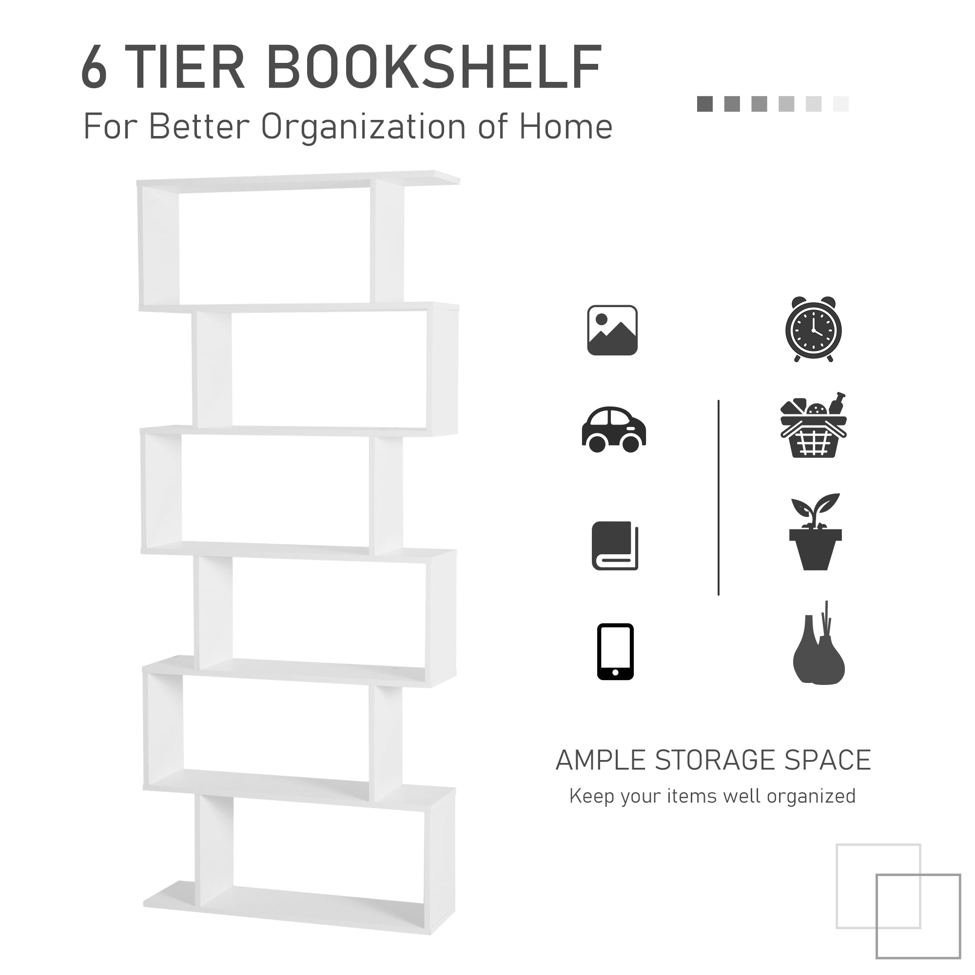 Wooden Wood S Shape Storage Display 6 Shelves Room Divider Unit Chest Bookshelf Bookcase Cupboard Cabinet Home Office Furniture, White