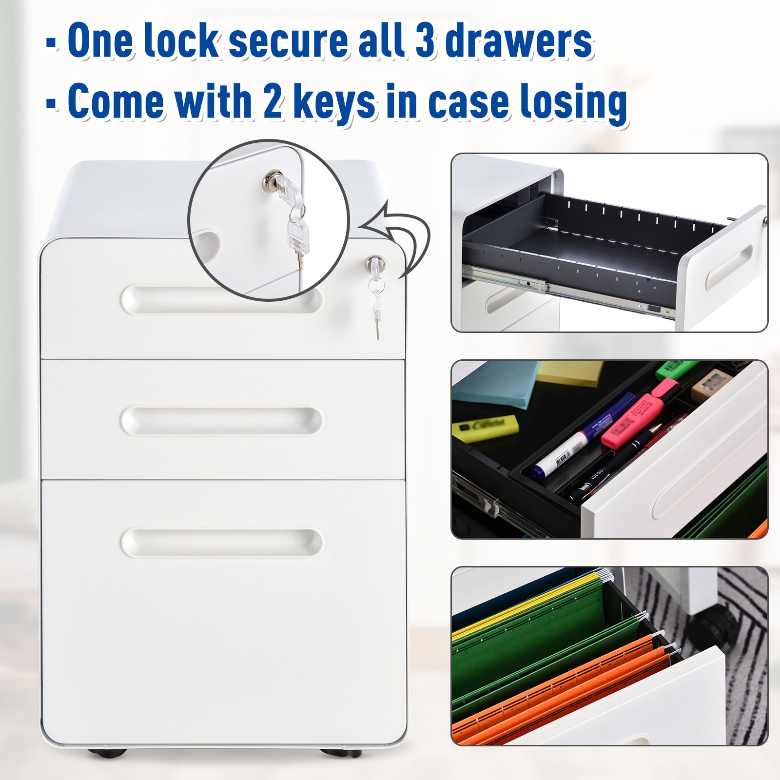 Fully Assembled 3-Drawer Mobile File Cabinet Lockable All-Metal Rolling Vertical File Cabinet White