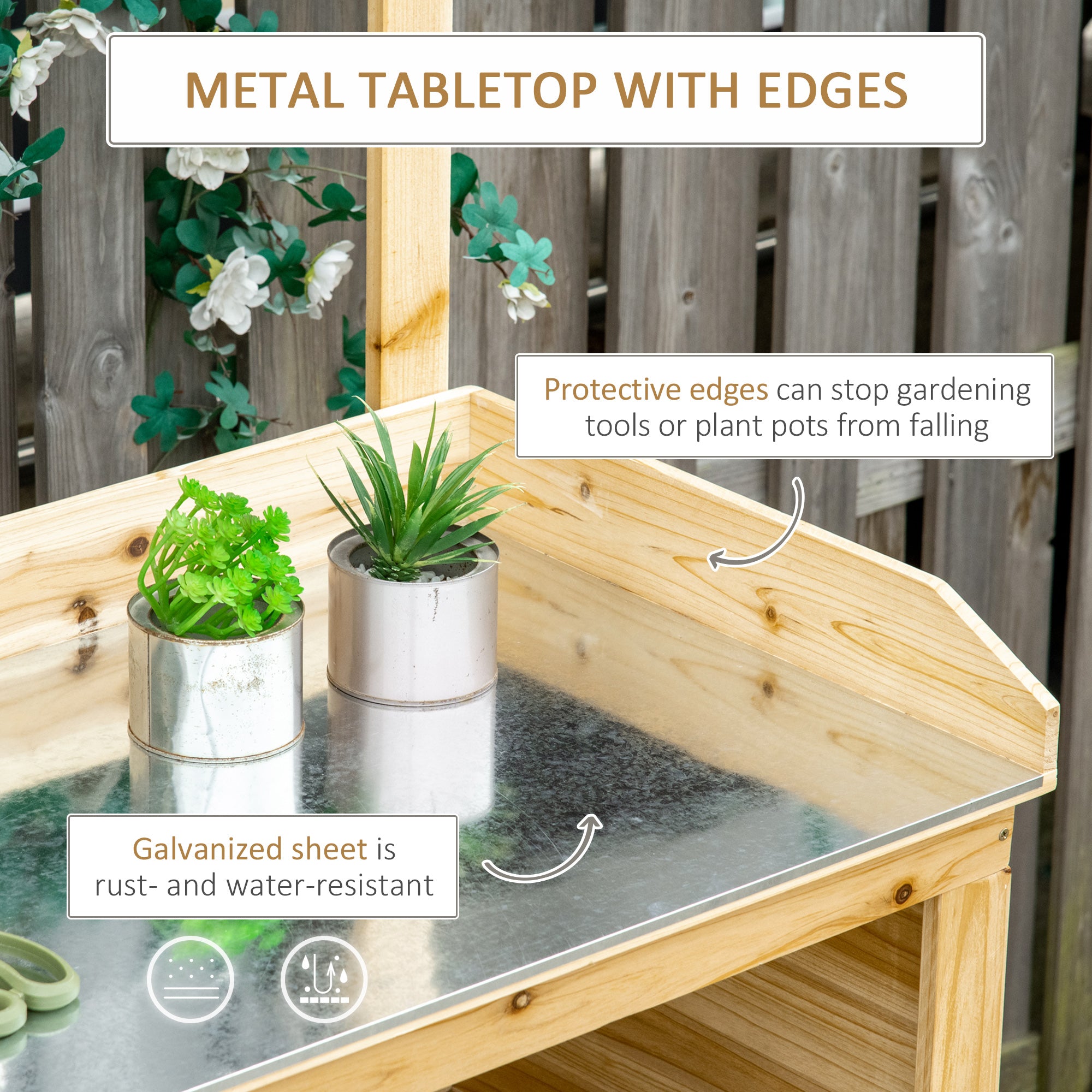 Garden Potting Bench Table, Wooden Workstation Bench w/ Galvanized Metal Tabletop, Storage Shelves and Hooks, Natural