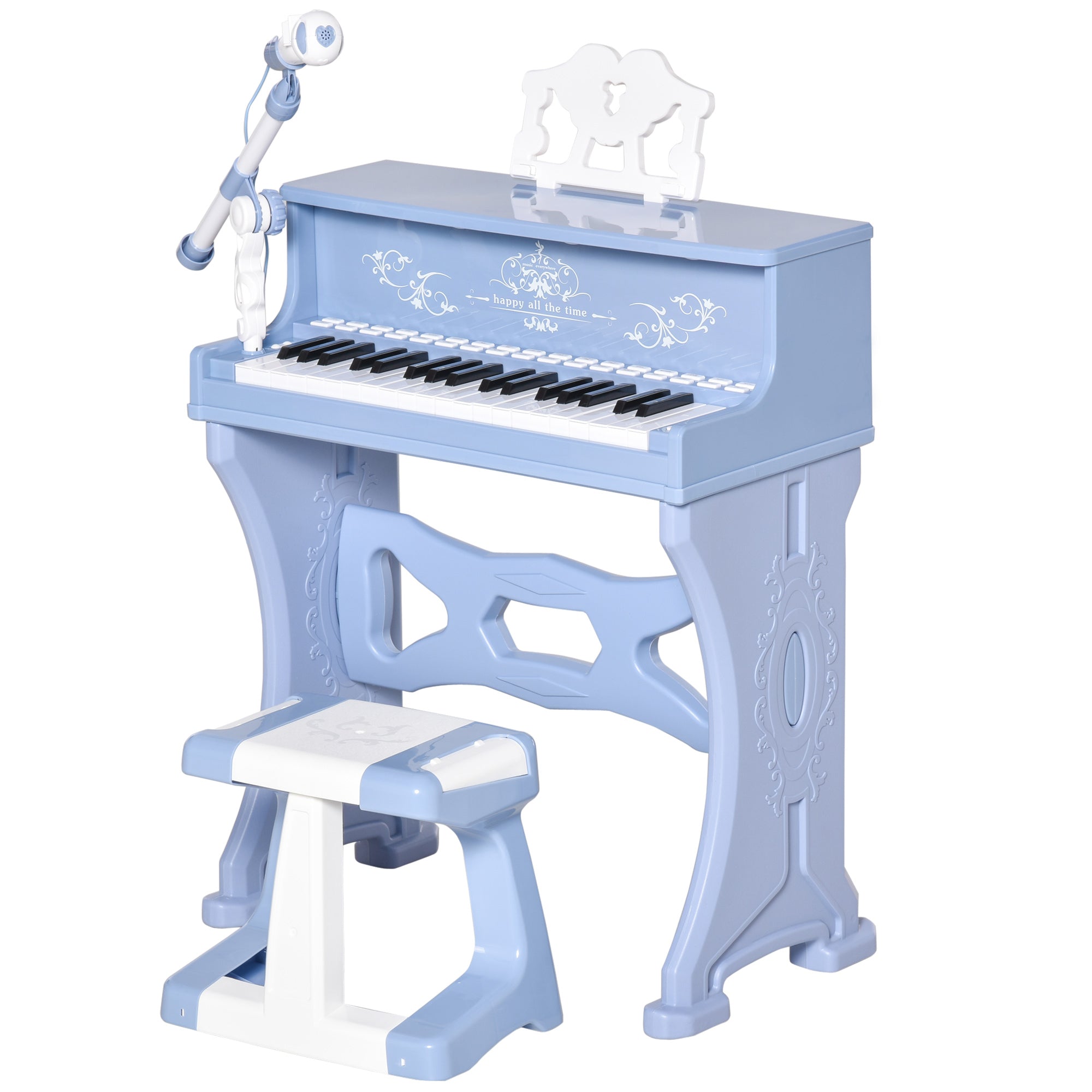 37 Keys Mini Electronic Keyboard Light Kids Musical Instrument Educational Game Children Grand Piano Toy Set w/Stool & Microphone & Music Blue