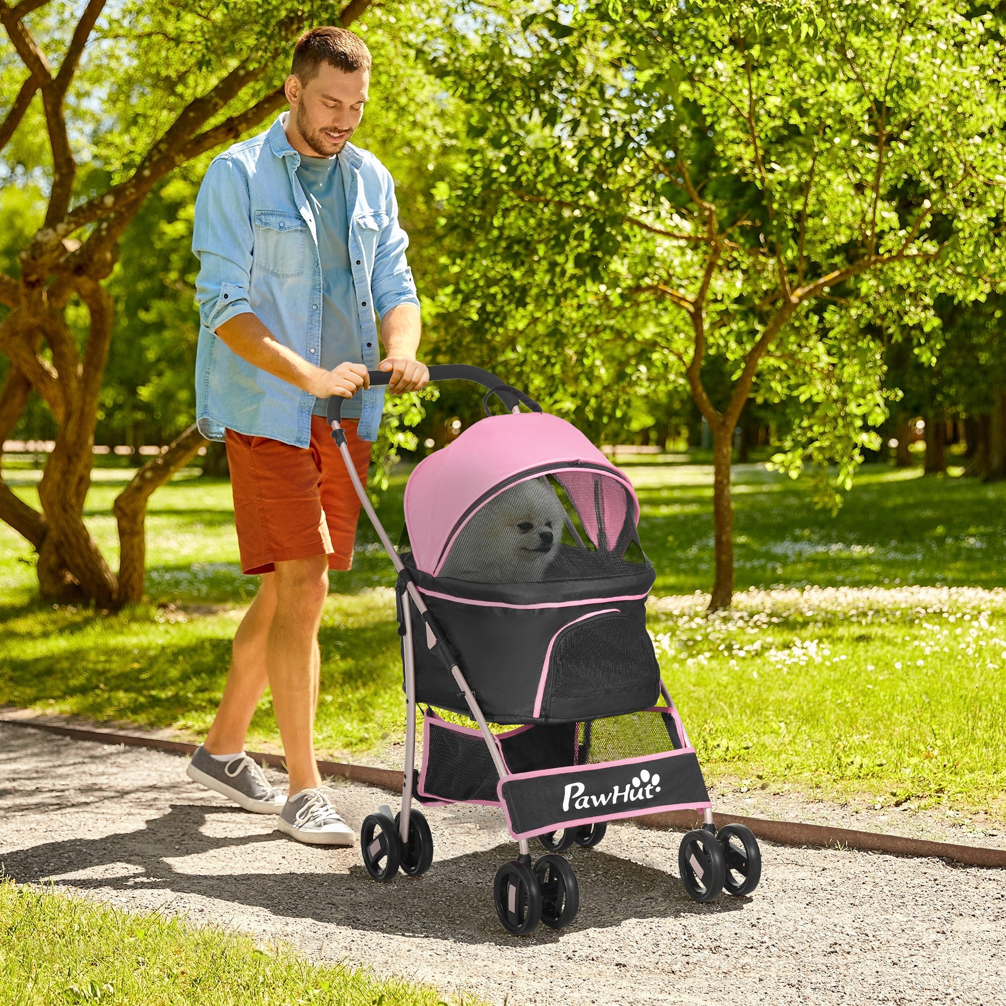 Detachable Pet Stroller, 3-In-1 Dog Cat Travel Carriage, Foldable Carrying Bag with Universal Wheel Brake Canopy Basket Storage Bag, Pink