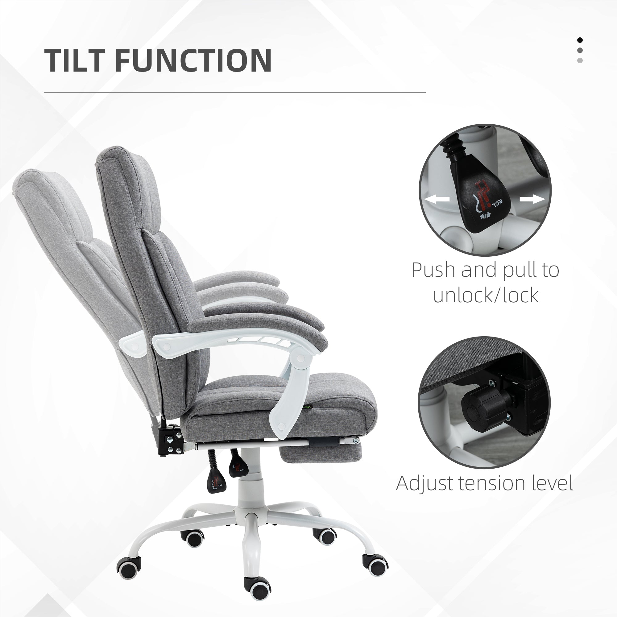 Executive Office Chair, Fabric Reclining Desk Chair with Foot Rest, Arm, Swivel Wheels, Adjustable Height, Grey