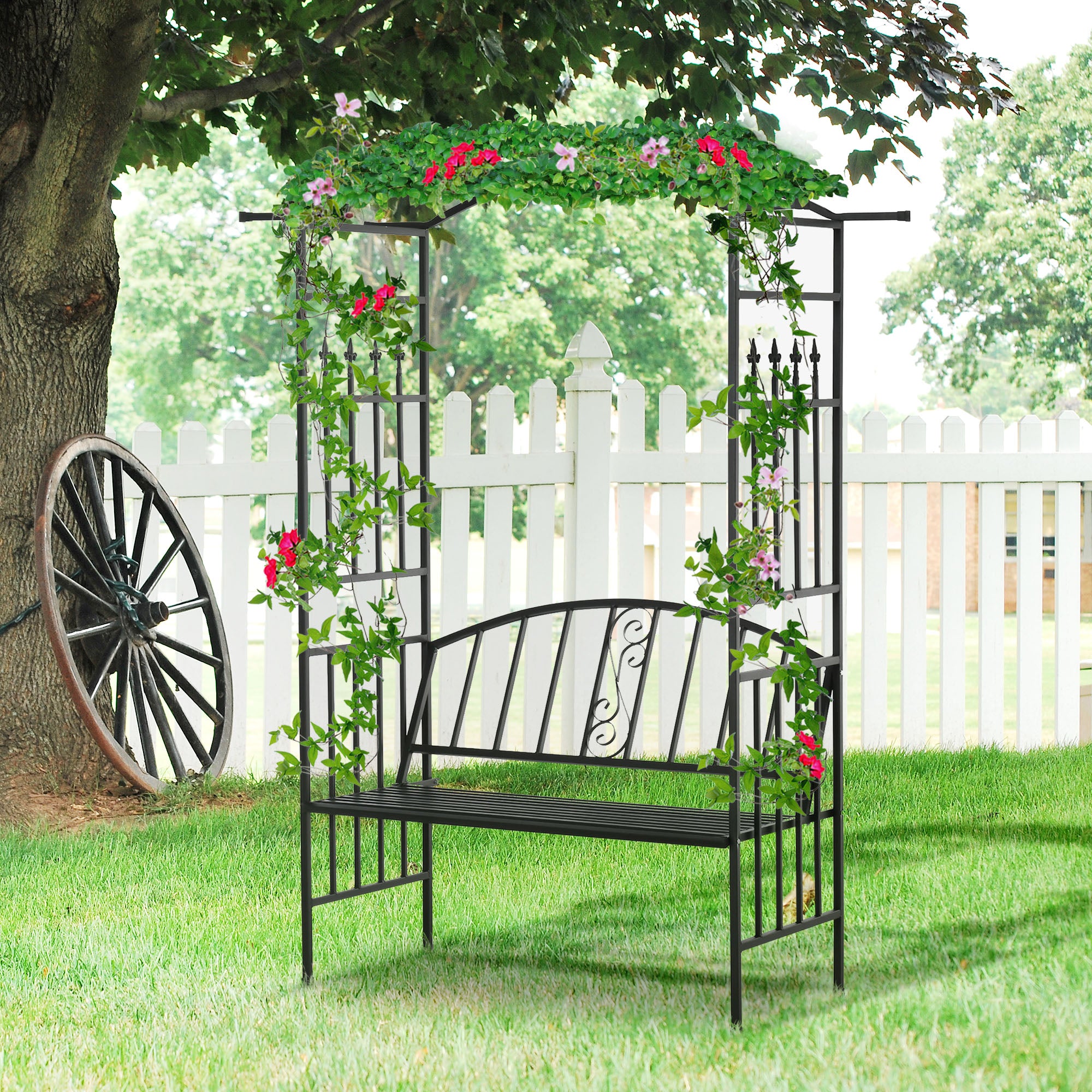 Garden Metal Arch Arbour with Bench Love Seat Chair Outdoor Patio Rose Trellis Pergola Climbing Plant Archway Tubular- 154L x 60W x 205Hcm