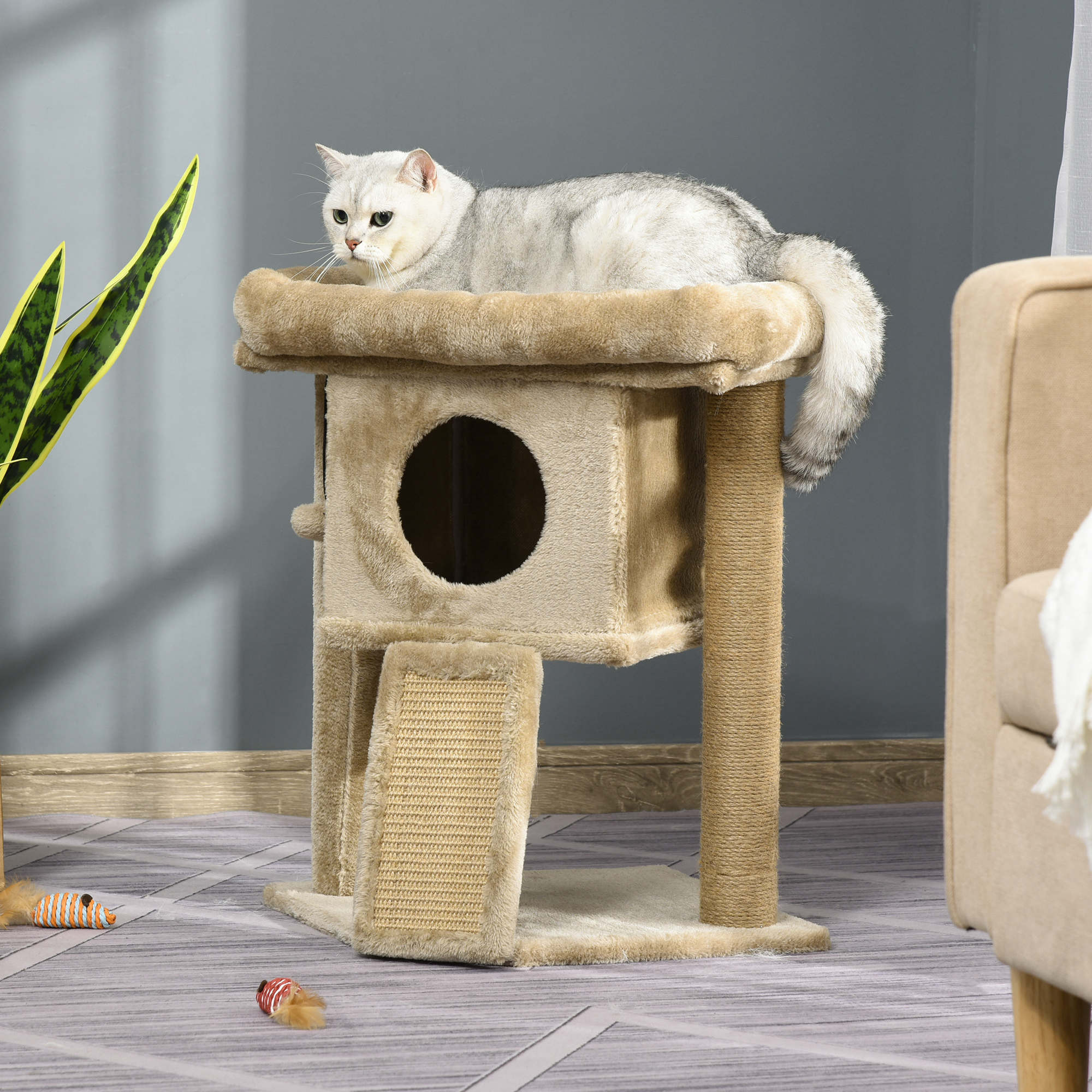 Cat tree Tower Climbing Activity Center Kitten Furniture with Jute Scratching Pad Ball Toy Condo Perch Bed Post 40 x 40 x 57cm Coffee