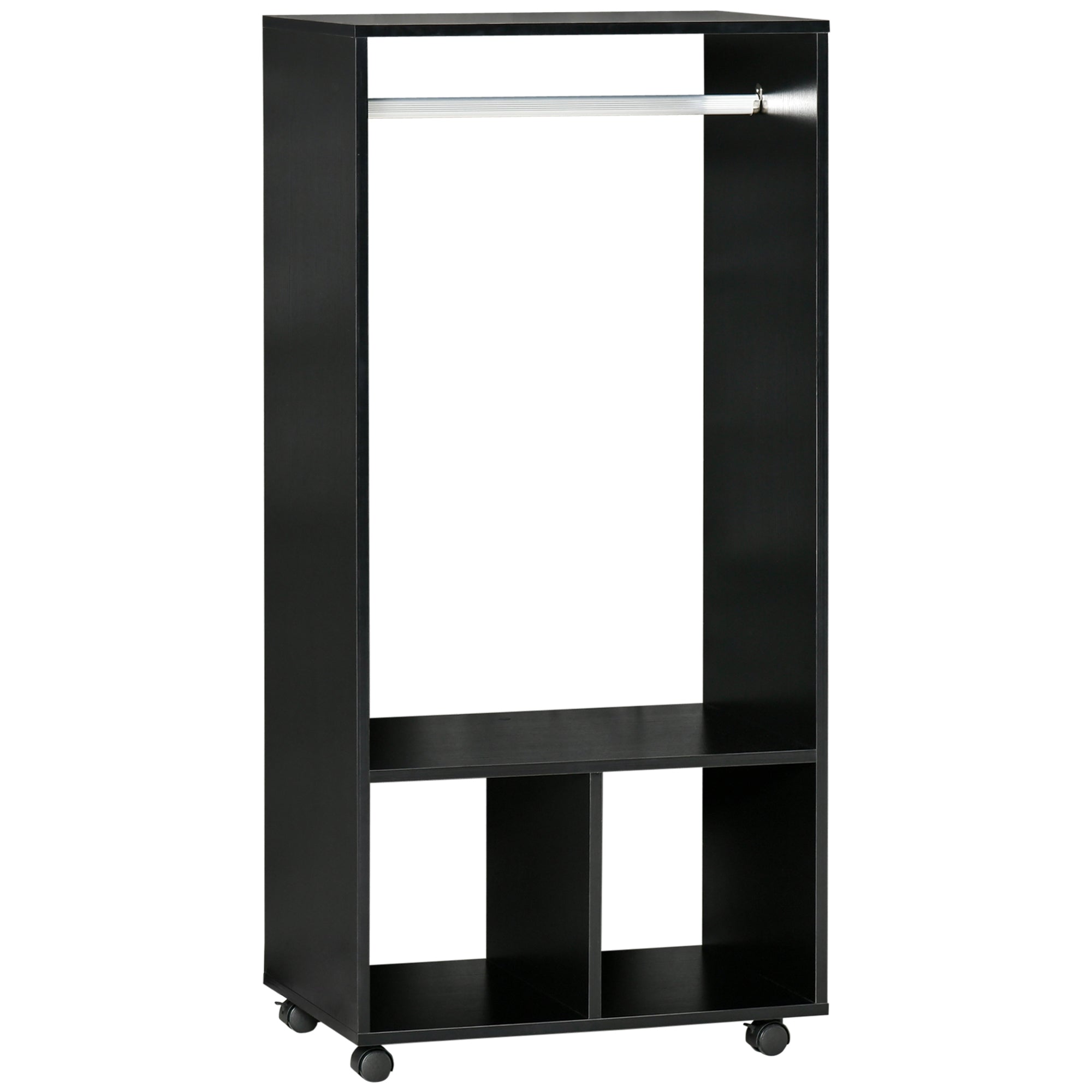 Open Wardrobe with Hanging Rod and Storage Shelves Mobile Garment Rack on Wheels Bedroom, Cloakroom, Black