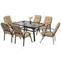 7 Piece Garden Dining Set with Cushioned Armchairs and Tempered Glass Table - Beige