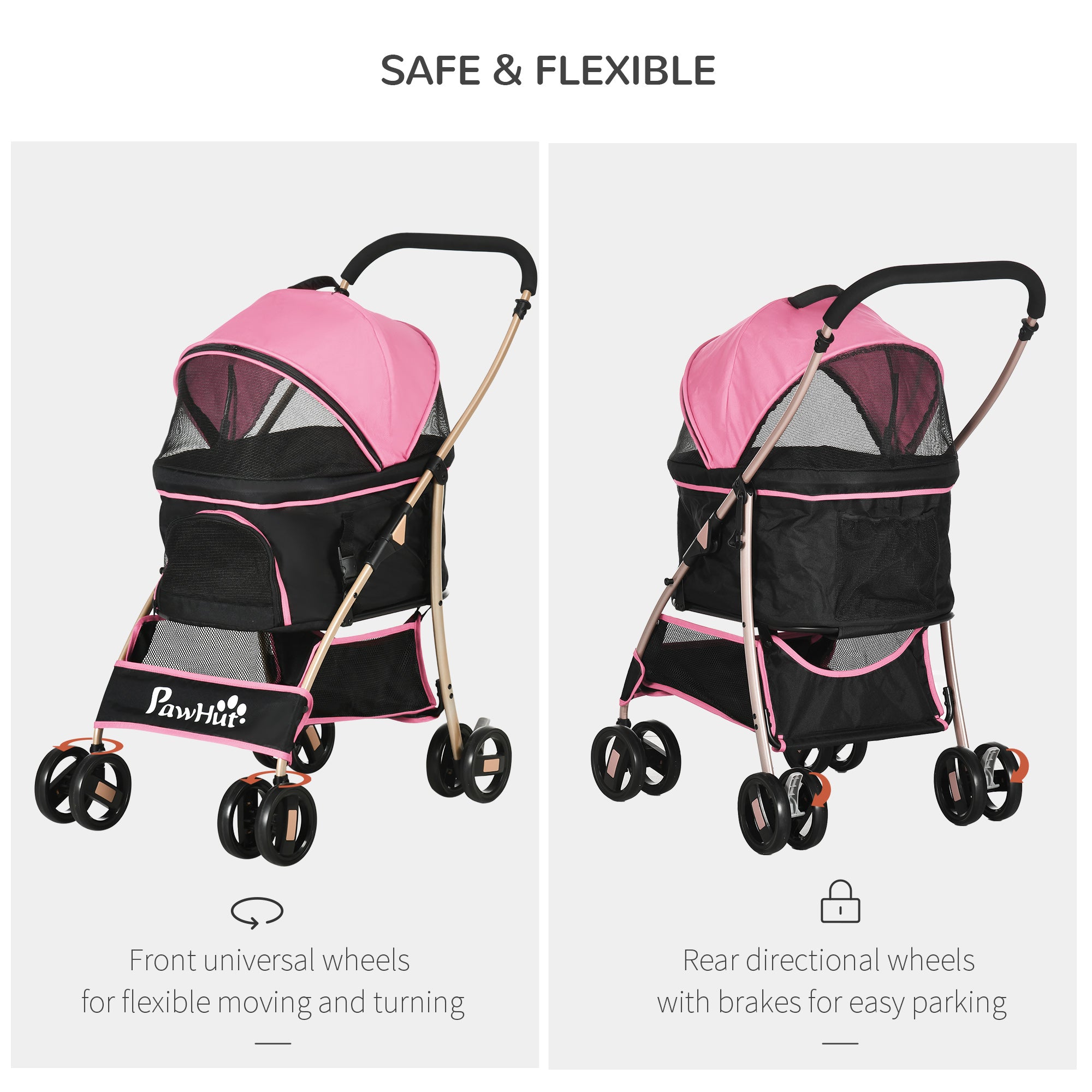 Detachable Pet Stroller, 3-In-1 Dog Cat Travel Carriage, Foldable Carrying Bag with Universal Wheel Brake Canopy Basket Storage Bag, Pink