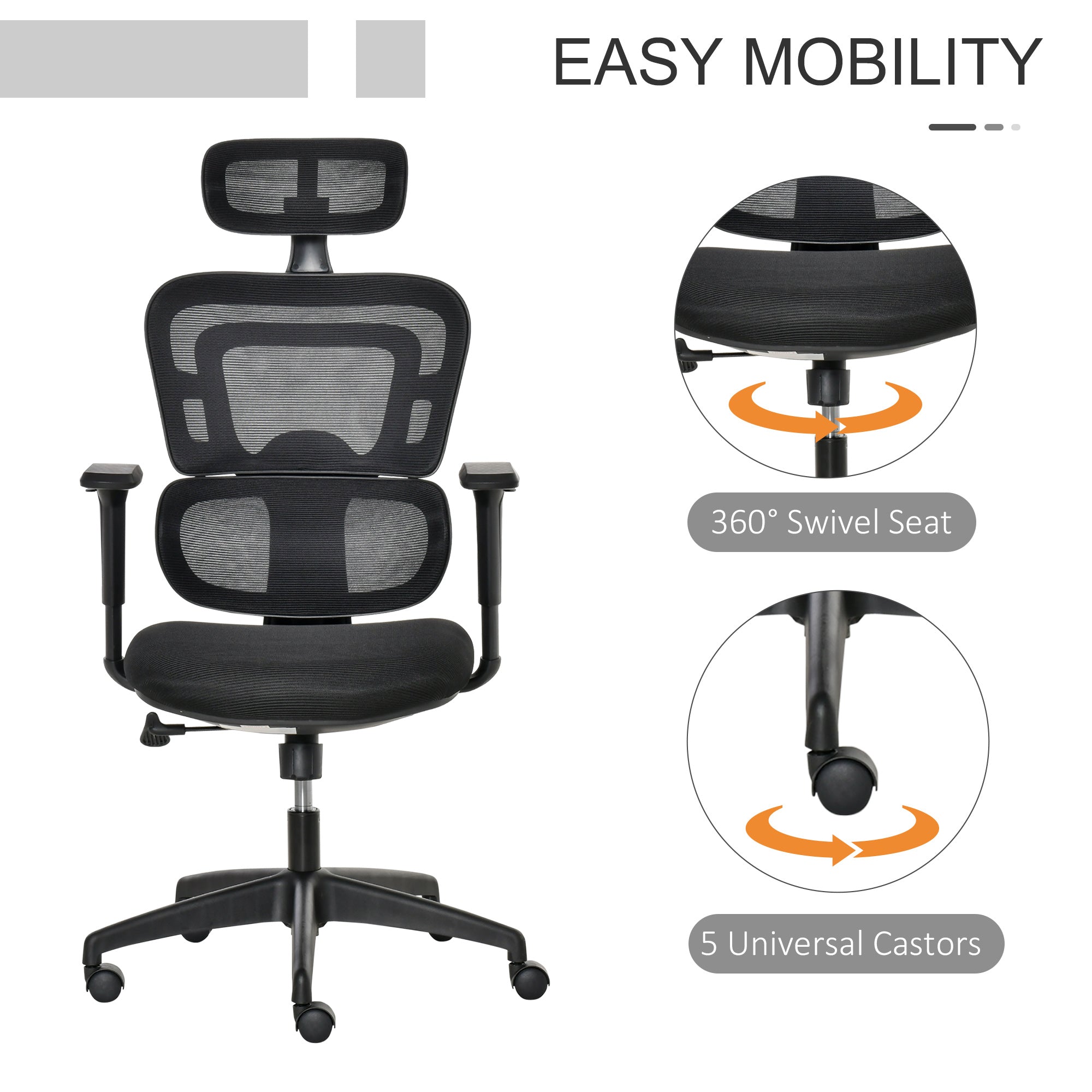 Mesh Office Chair, Ergonomic High-Back Swivel Desk Chair with Adjustable Height, Headrest, Lumbar Support, Padded Seat for Home Office Black