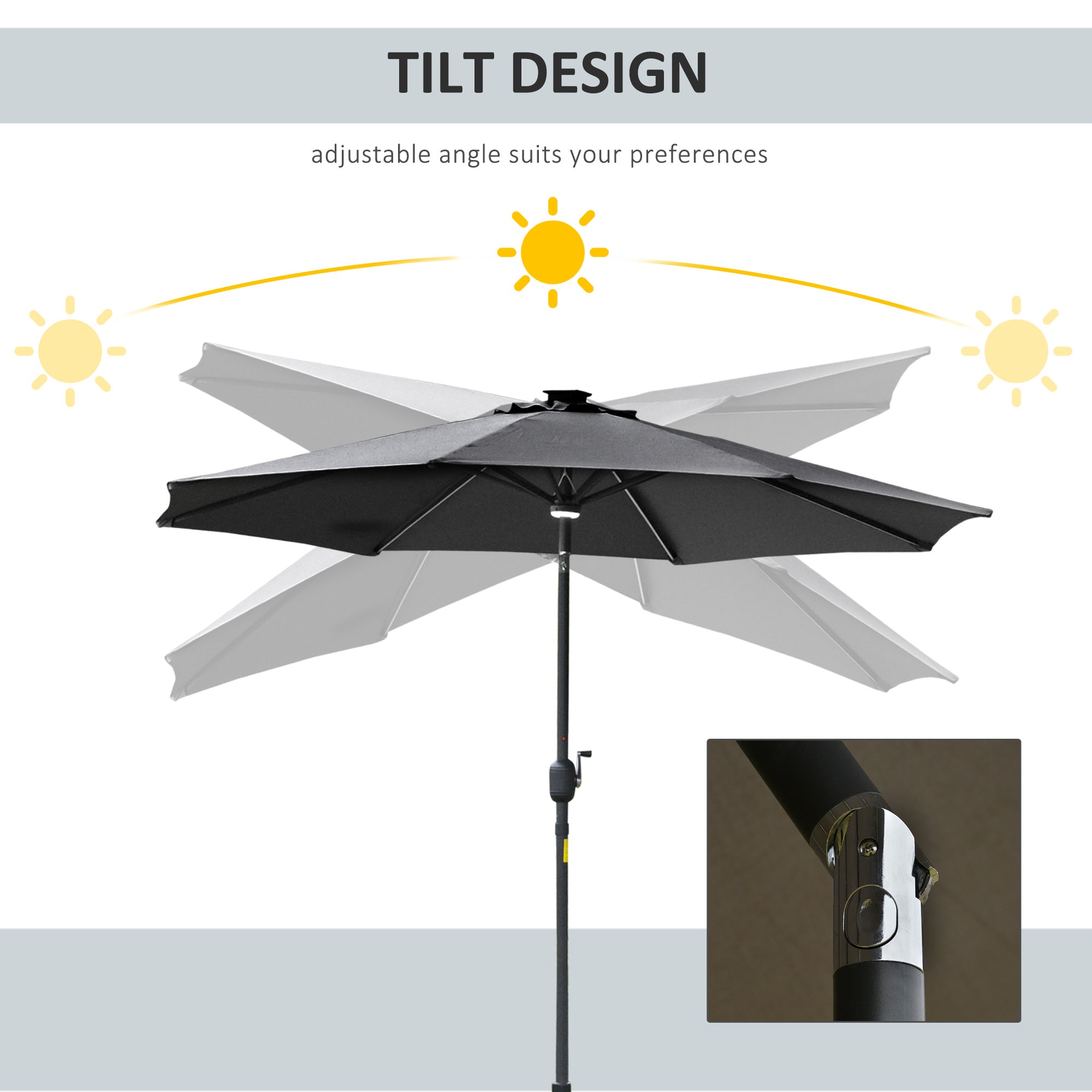 2.7m Garden Parasol with Solar LED Lights and Tilt Grey