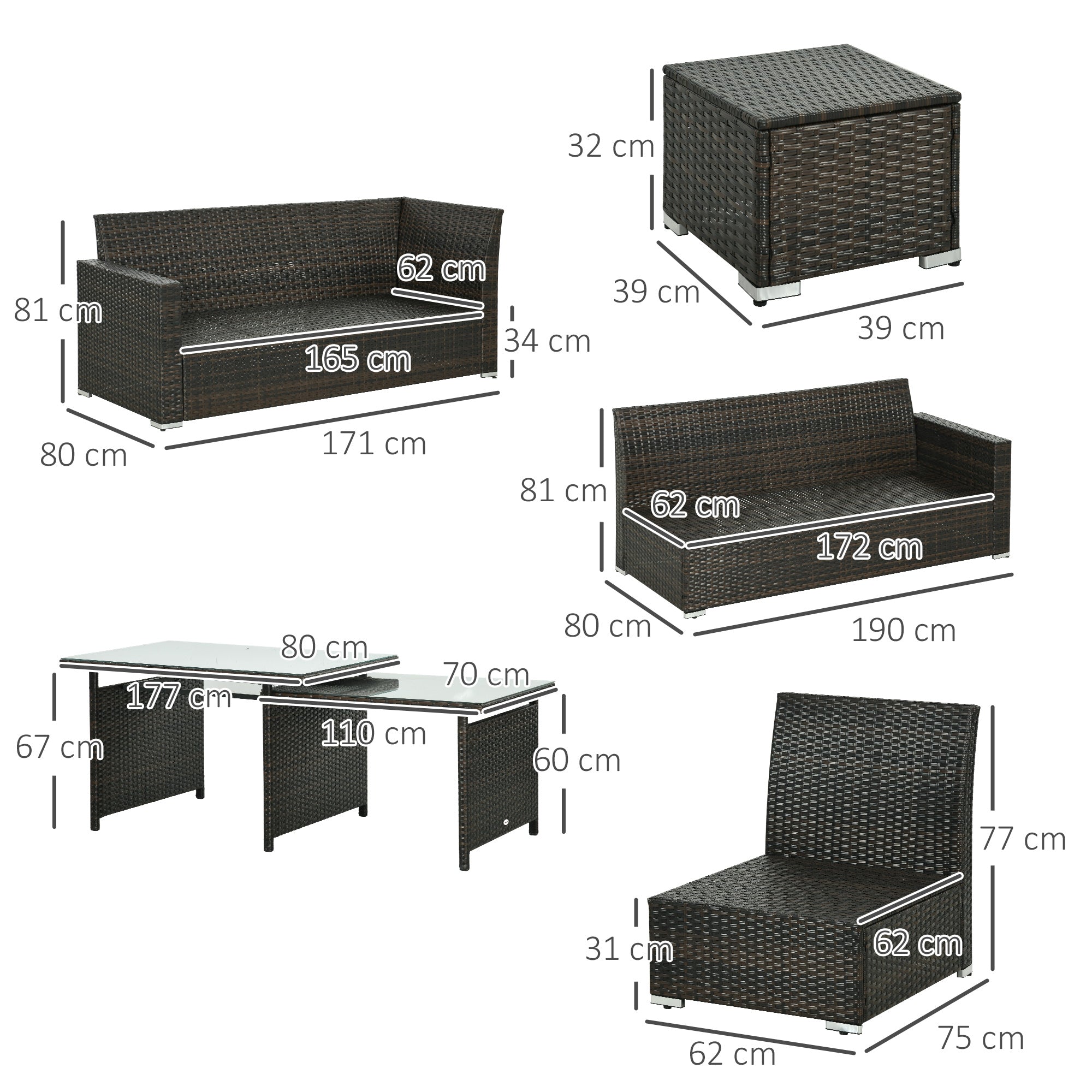 7 Piece Rattan Garden Furniture Set with Cushioned Sofa Seat, Footstools and Expandable Glass Table, 10-Seater, Cream