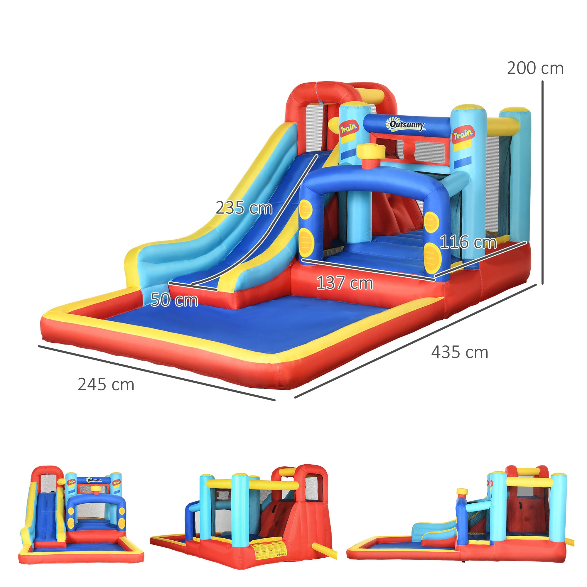 4 in 1 Bouncy Castle, with Slide, Pool, Trampoline, Climbing Wall, Blower - Multicoloured