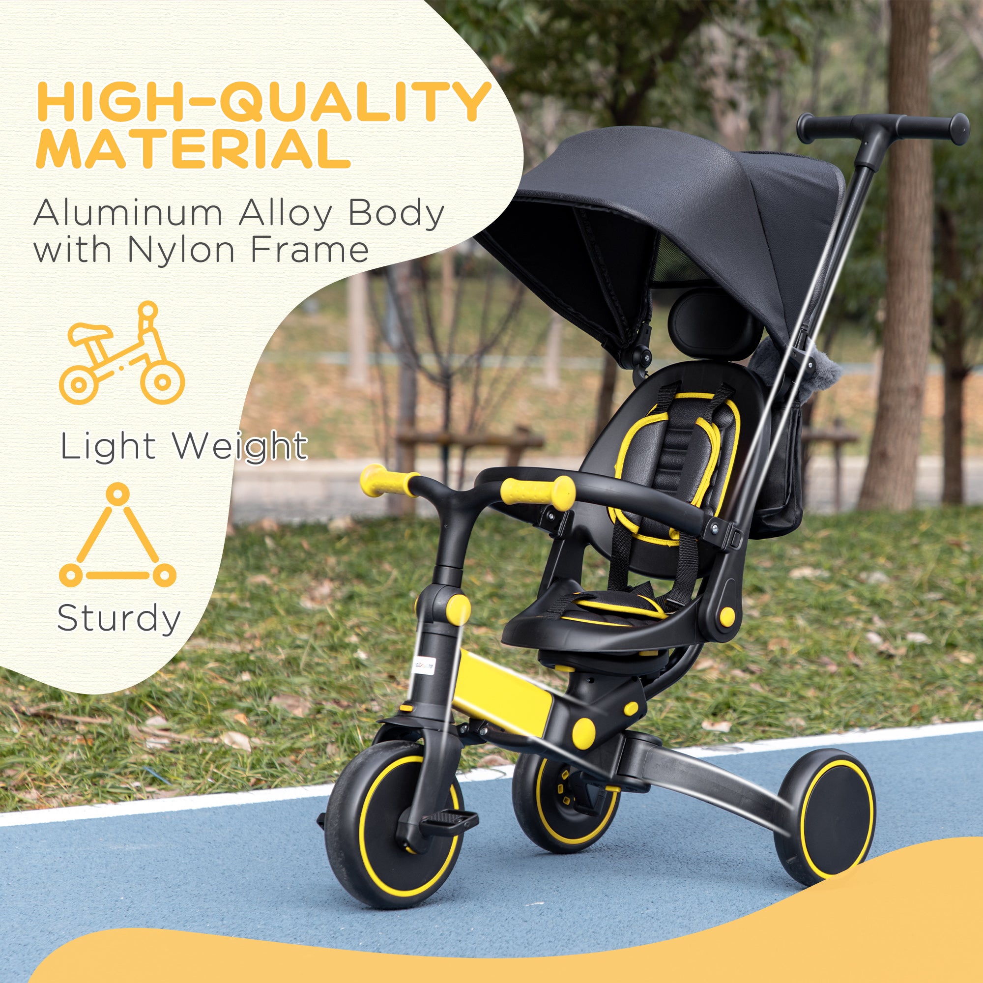 3-in-1 Tricycle for Kids with Aluminium Frame, Baby Trike with Adjustable Push Handle, Canopy and Seat Angle for 18-48 Months, Yellow