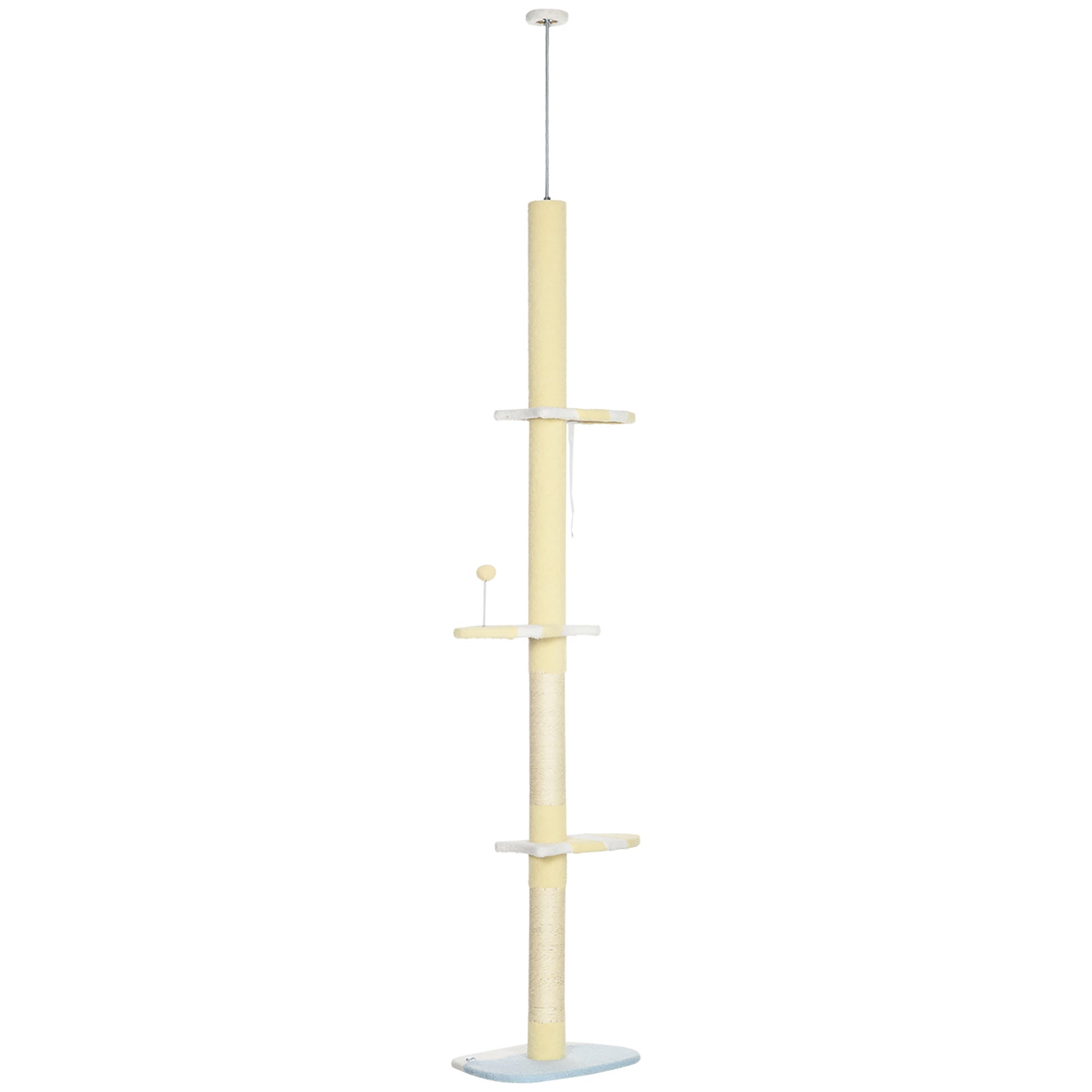 260cm Cat Tower Cat Tree, Floor to Ceiling, Height Adjustable with Anti-slip Kit and Fish-shaped Scratching Post Ball, Yellow