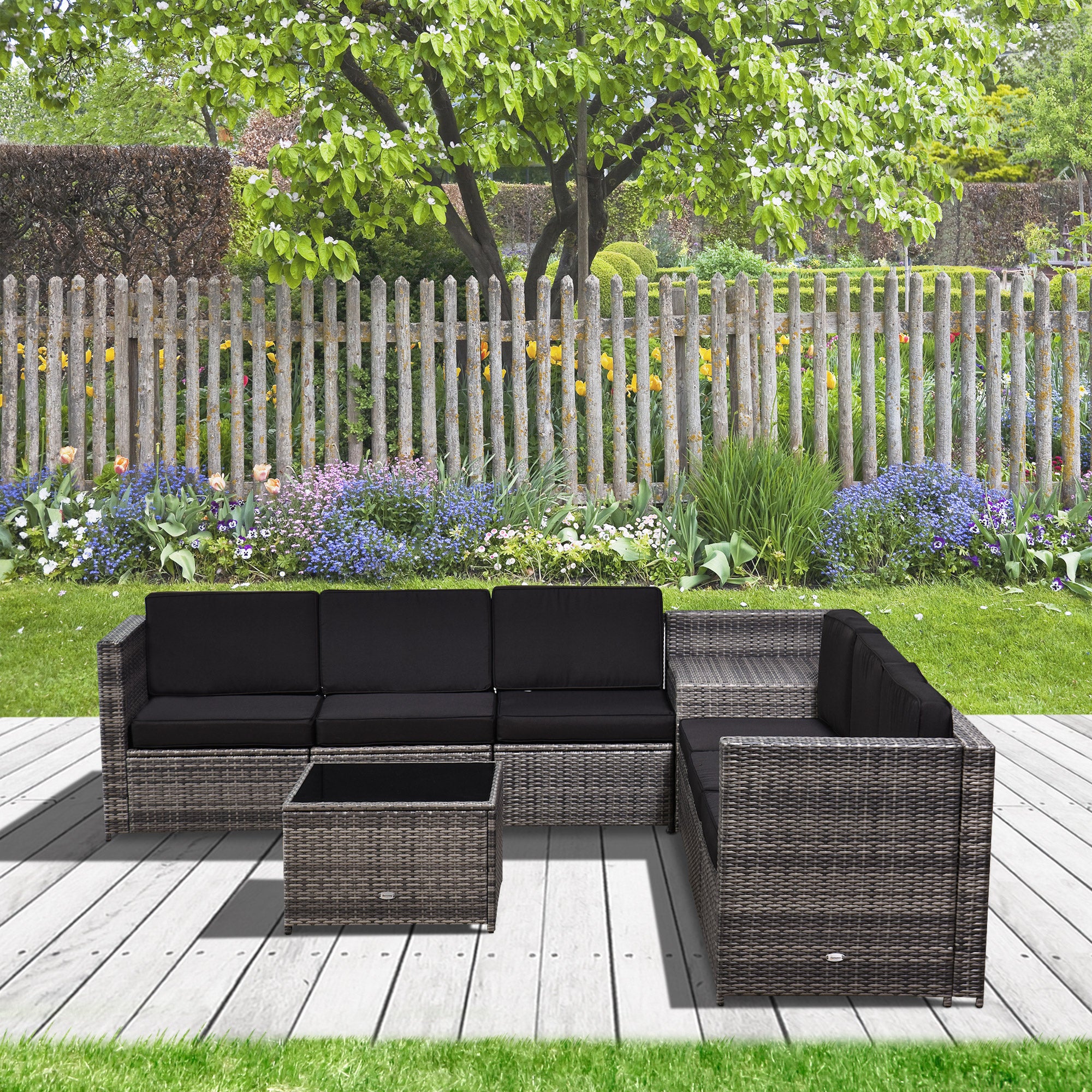 6 Seater Rattan Garden Furniture Patio Rattan Sofa and Table Set with Cushions 8 pcs Corner Wicker Seat Grey