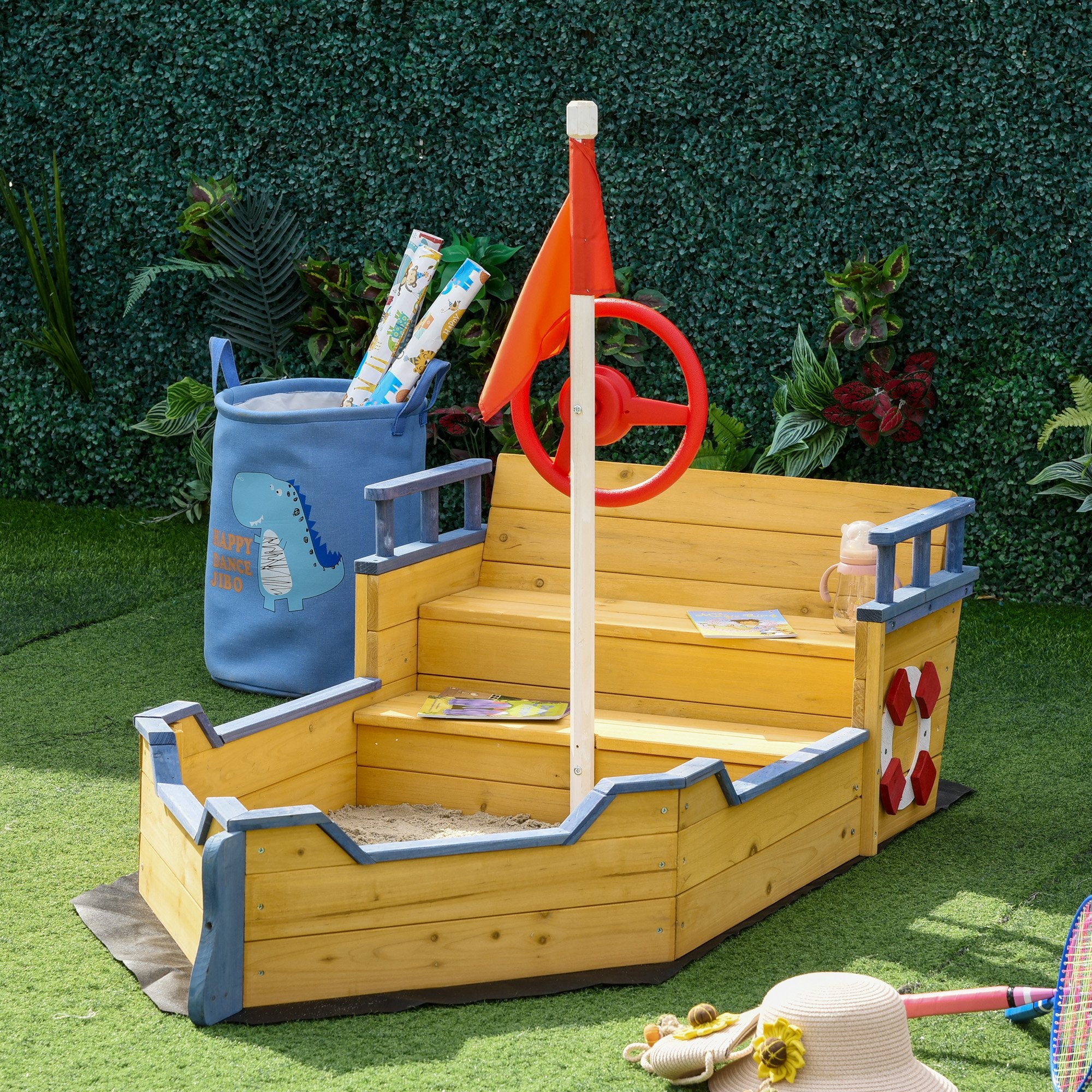 Kids Wooden Sandpit Children Sandbox Pirate Ship Sandboat Outdoor Backyard Playset Play Station w/ Bench Bottom Liner