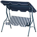 3 Seater Garden Swing Seat Chair with Adjustable Canopy and Metal Frame - Blue Stripes