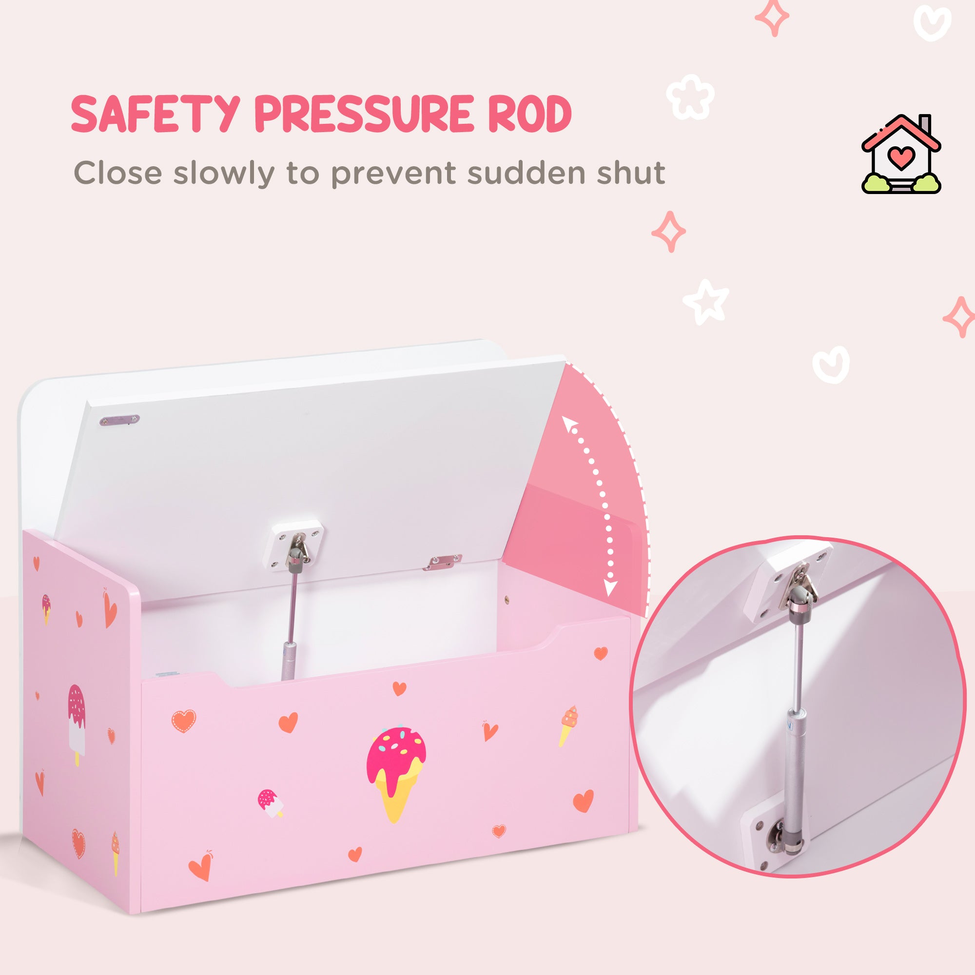 2-IN-1 Wooden Toy Box, Kids Storage Bench Toy Chest with Safety Pneumatic Rod, Cute Pattern, Pink