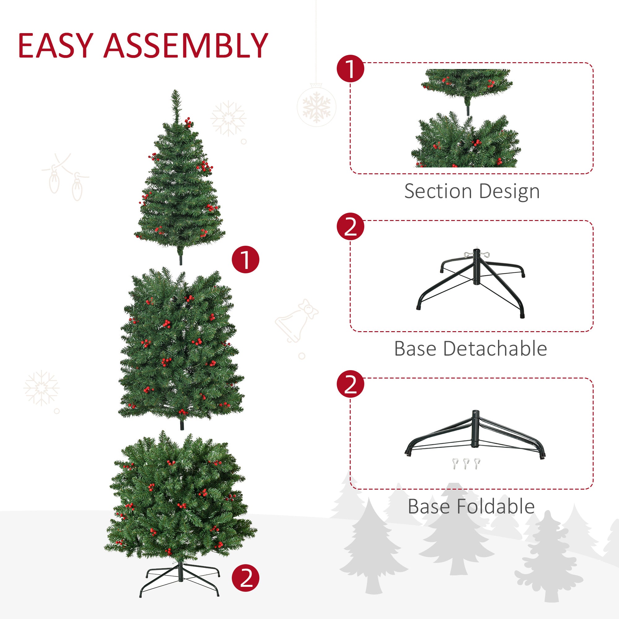 7FT Prelit Artificial Pencil Christmas Tree with Warm White LED Light, Red Berry, Holiday Home Xmas Decoration, Green