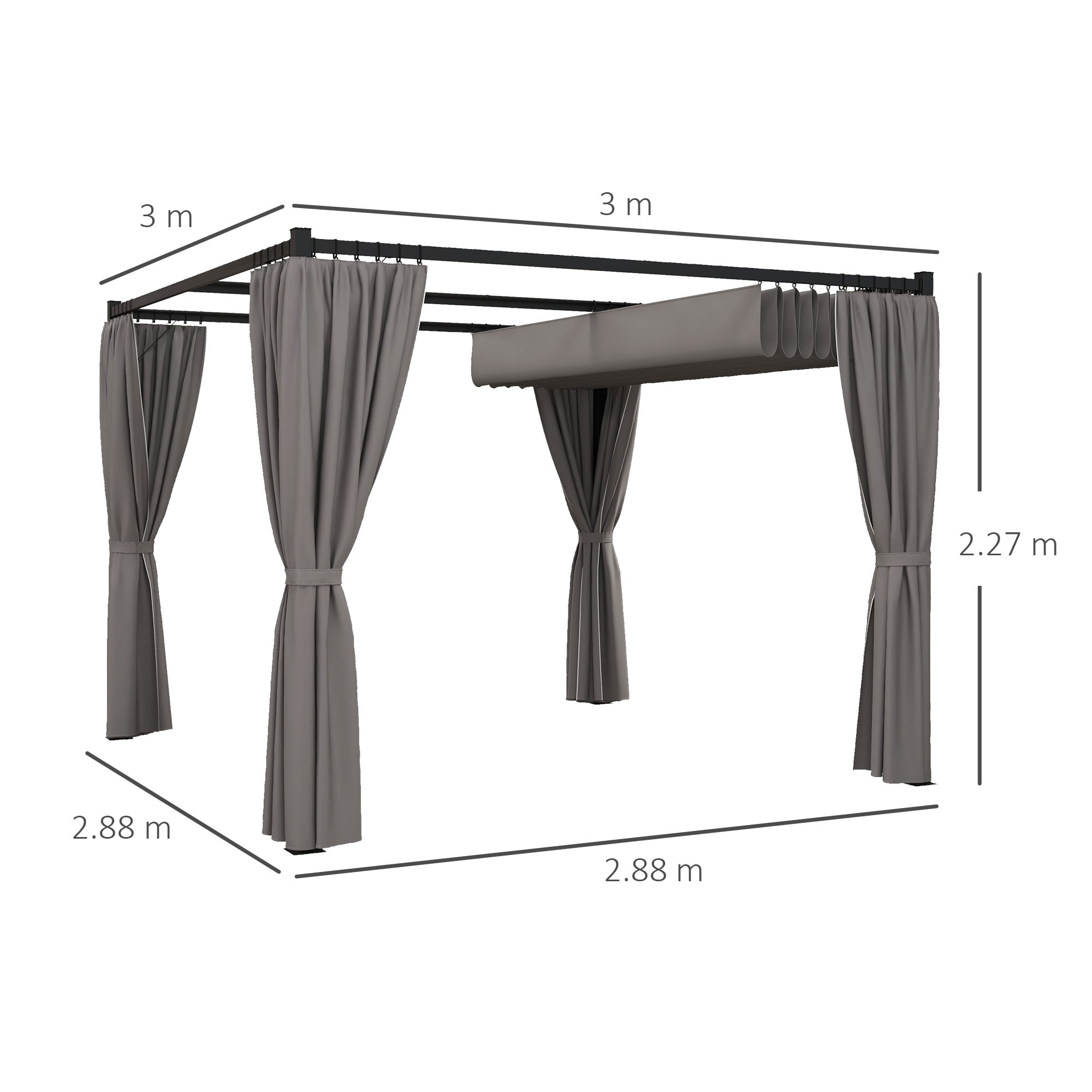 3 x 3 Metre Retractable Pergola with Curtains and Metal Frame - Light Grey