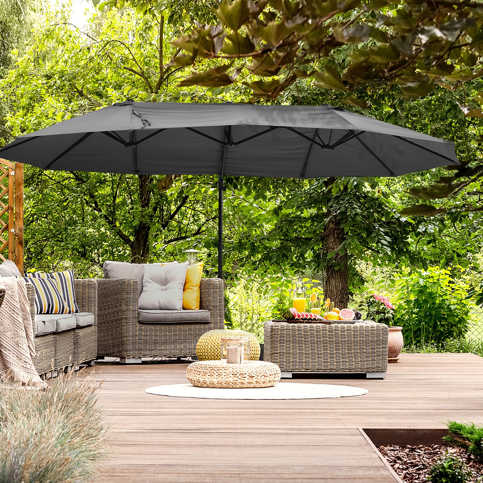 Double Parasol Patio Umbrella Garden Sun Shade w/ Steel Pole 12 Support Ribs Crank Handle Easy Lift Twin Canopy - Grey