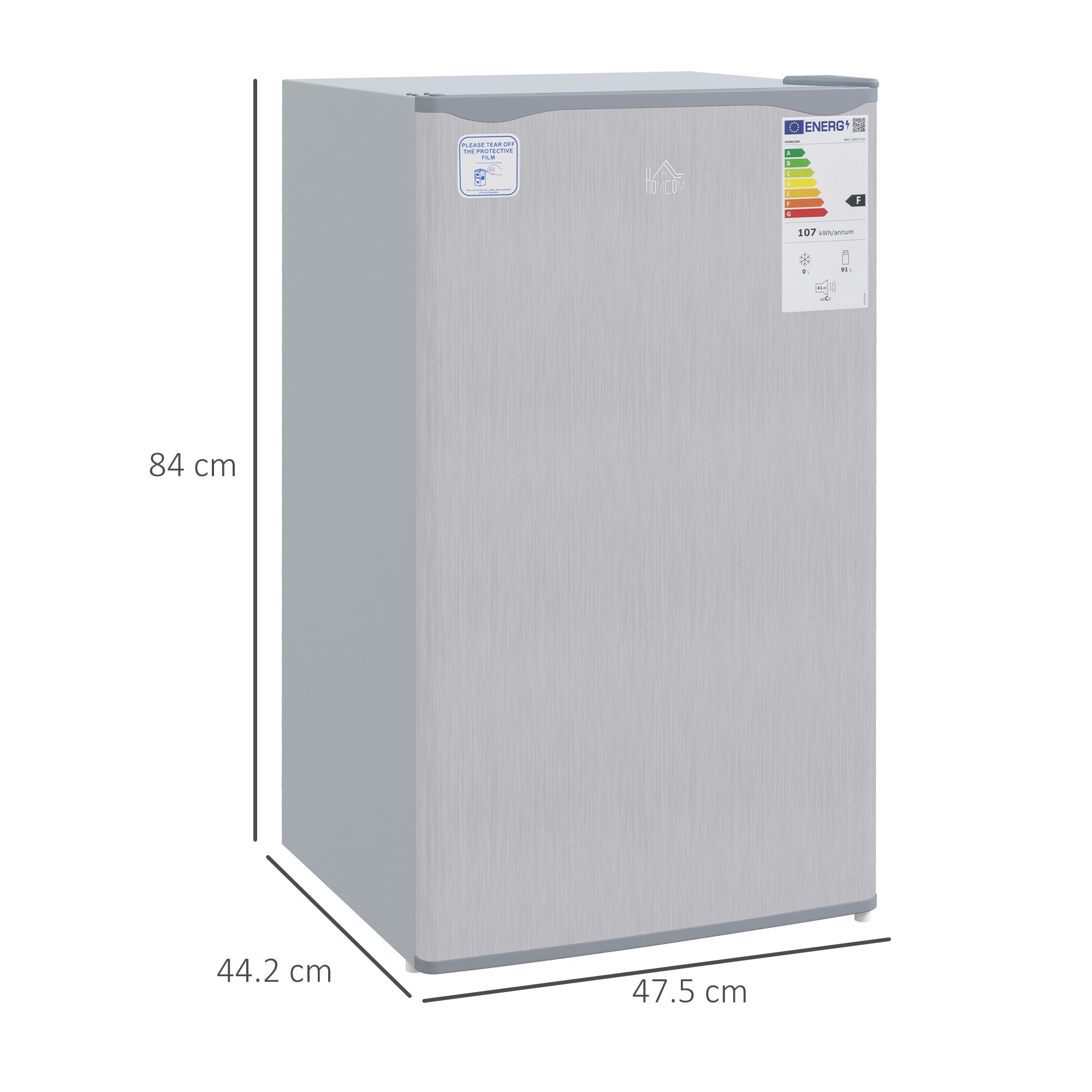 91 Litre Freestanding Under Counter Fridge Freezer with Chiller Box, Reversible Door, Adjustable Thermostat, 47.5cm Wide, Noise Level: Decibels 40, Grey