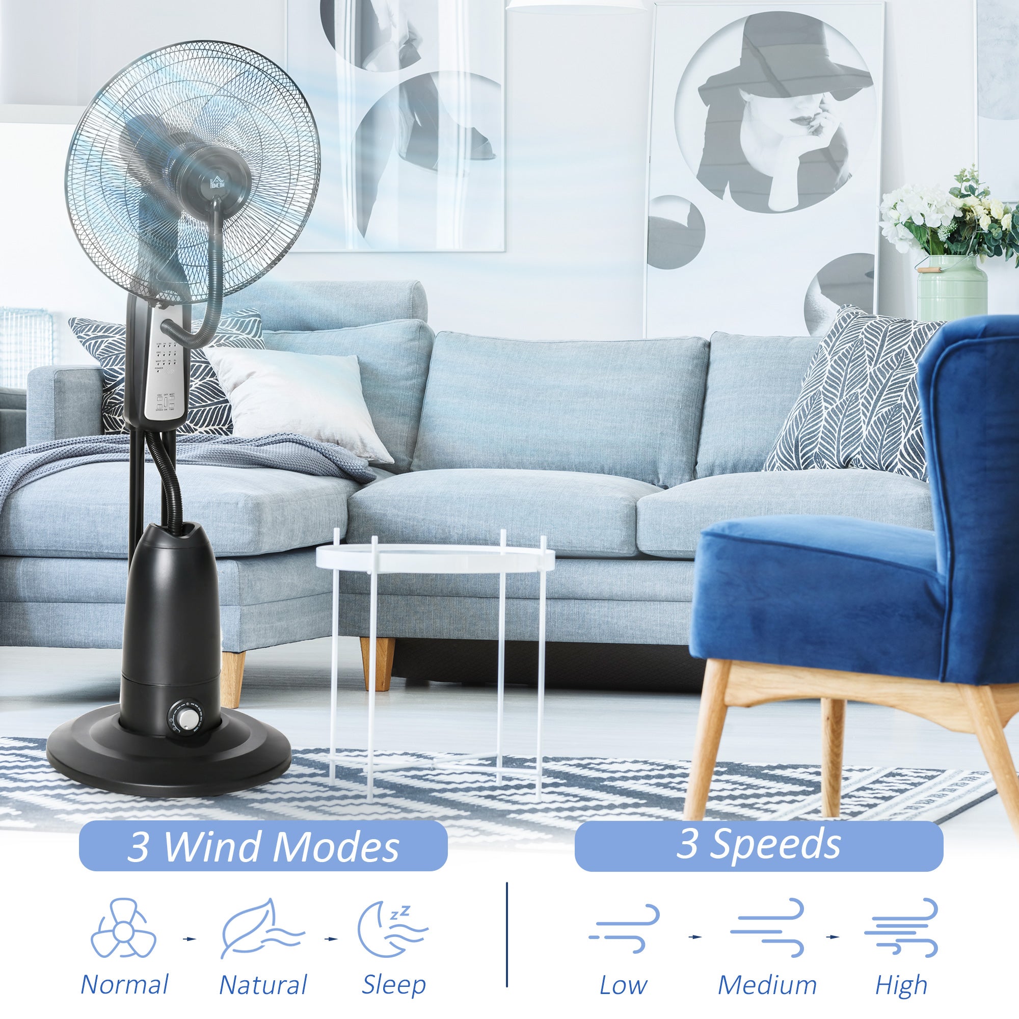 Pedestal Fan with Water Mist Spray, Humidifying Misting Fan, Standing Fan with 3 Speeds, 2.8L Water Tank, Timer and Remote, Black