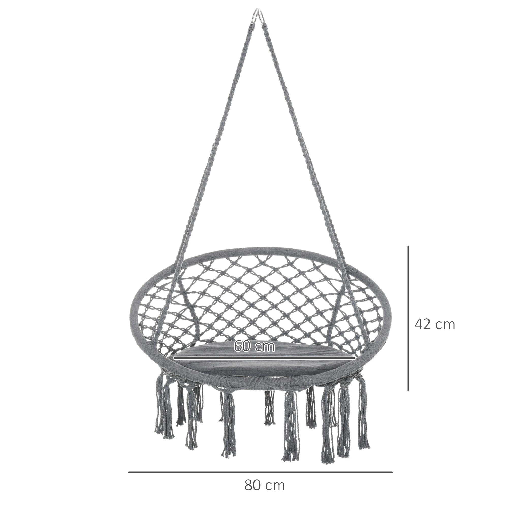 Cotton-Polyester Blend Macrame Hanging Chair Swing Hammock for Indoor & Outdoor Use with Backrest, Fringe Tassels, Grey