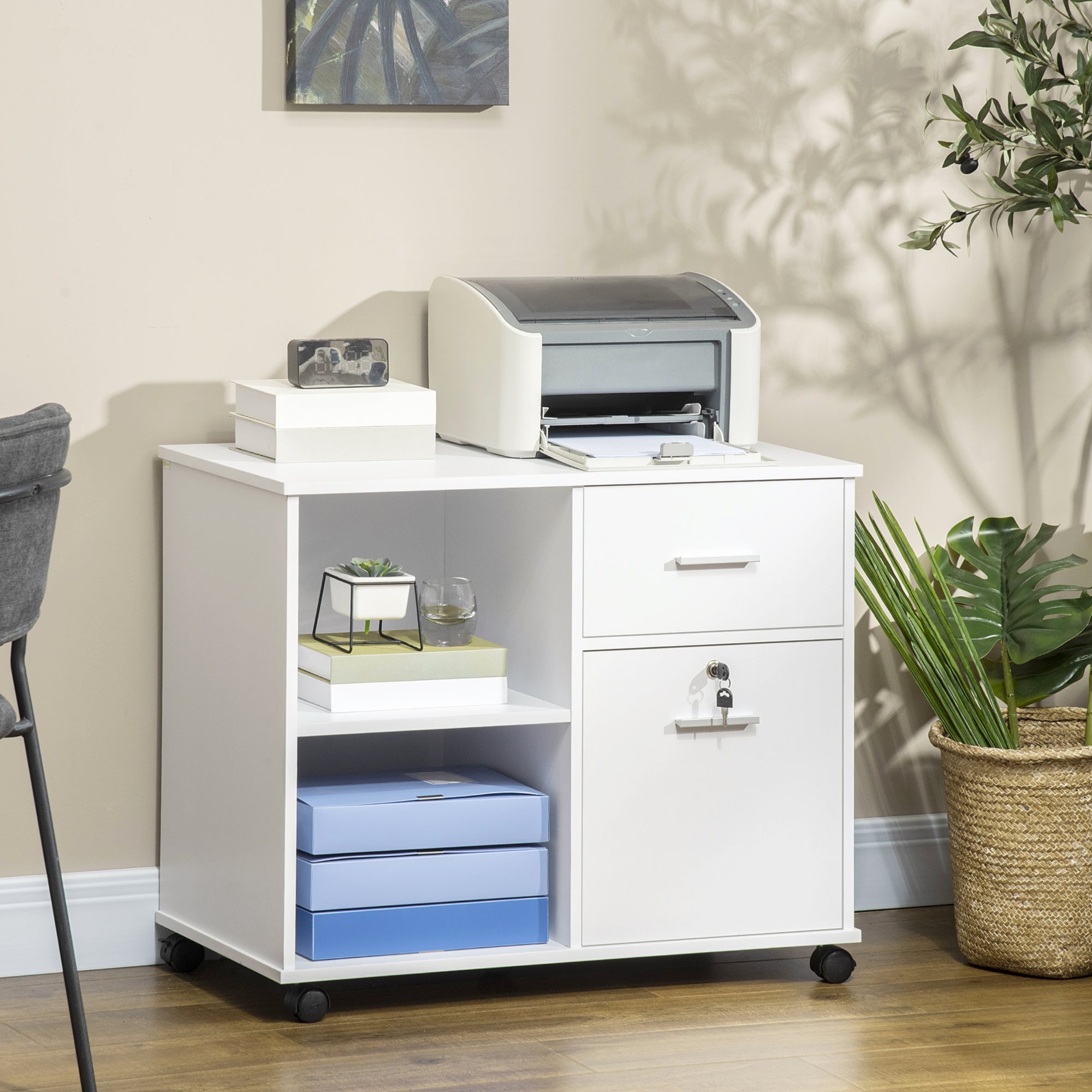 Filing Cabinet with Wheels, Mobile Printer Stand with Open Shelves and Drawers for A4 Size Documents, White