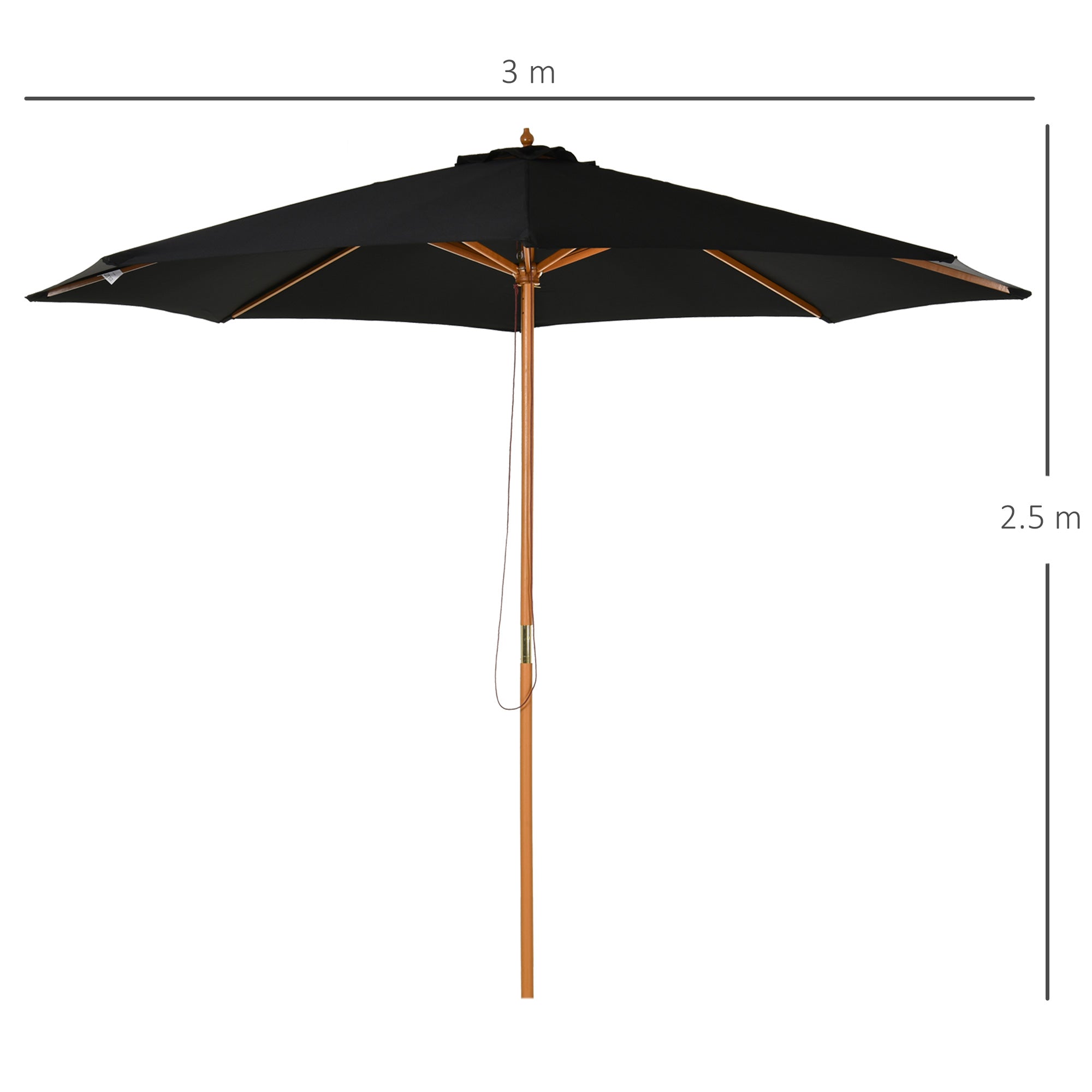 ⌀3m Bamboo Wooden Market Patio Umbrella Garden Parasol Outdoor Sunshade Canopy, 8-ribs,Black