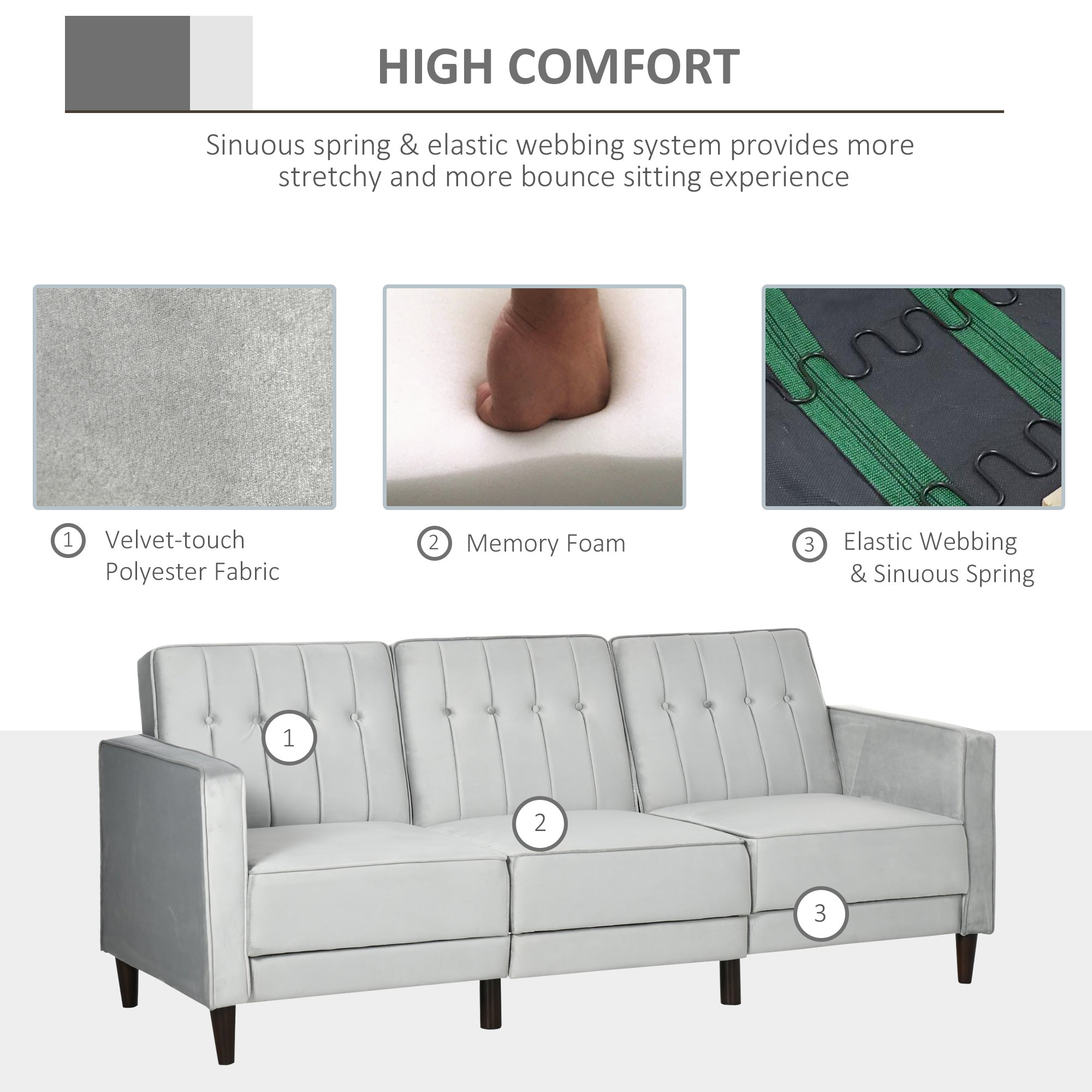 L Shape Sofa Bed Set with 3-Seater Sofa and Footstool, Corner Sofa Bed with Ottoman, Light Grey