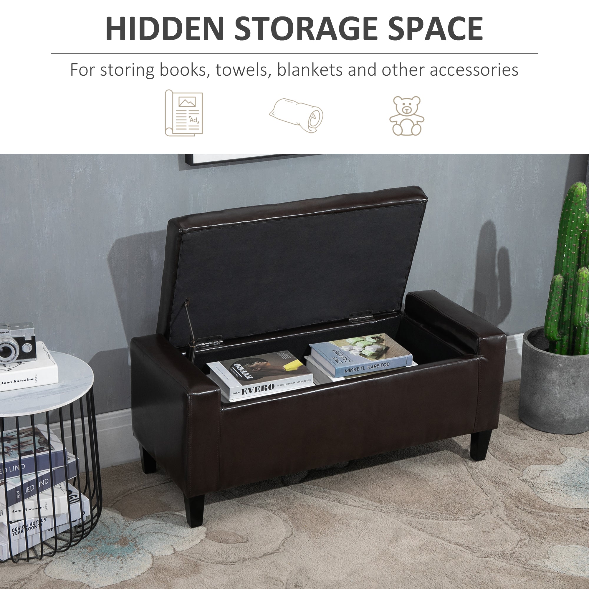 PU Leather Upholstered Lift-Top Tufted Ottoman Brown