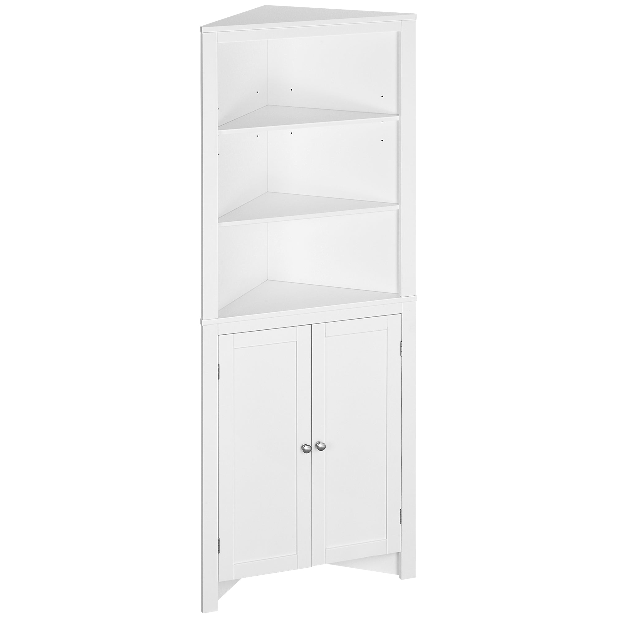 Triangle Bathroom Cabinet, Corner Bathroom Storage Unit with Cupboard and 3-Tier Shelves, Free Standing, White