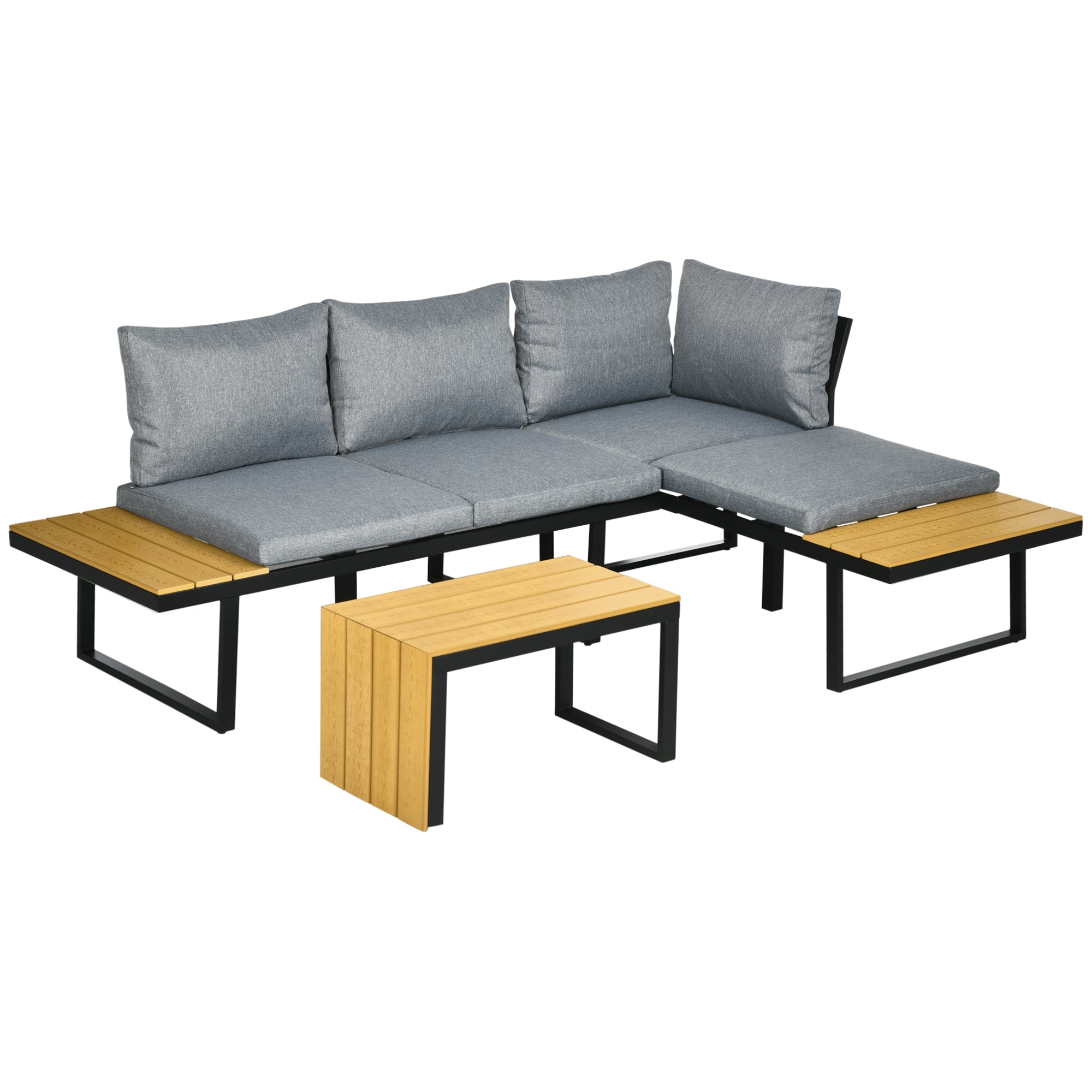 4-Seater Garden Sofa Set Patio Conversation Set w/ Padded Cushions, Wood Grain Plastic Top Table and Side Panel, Dark Grey