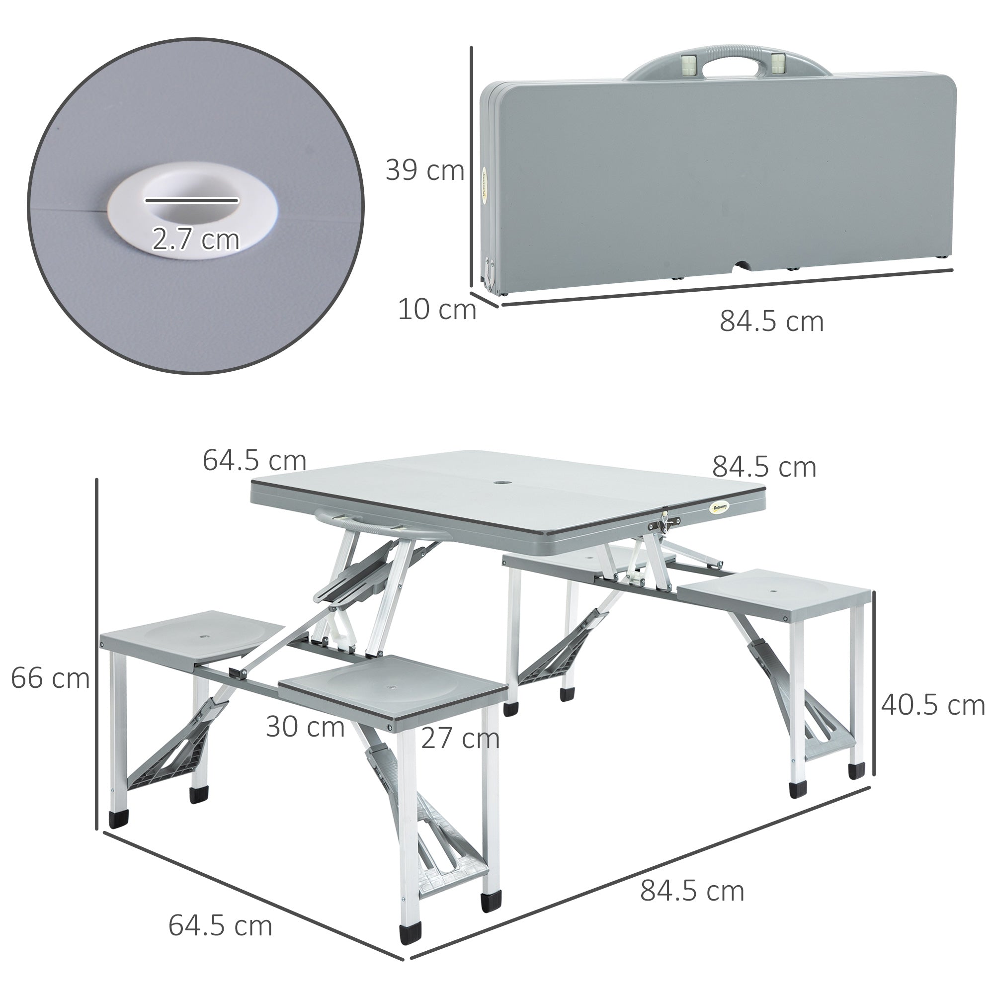 Portable Foldable Camping Picnic Table with Seats Chairs and Umbrella Hole, 4-Kids Fold Up Travel Picnic Table, Grey