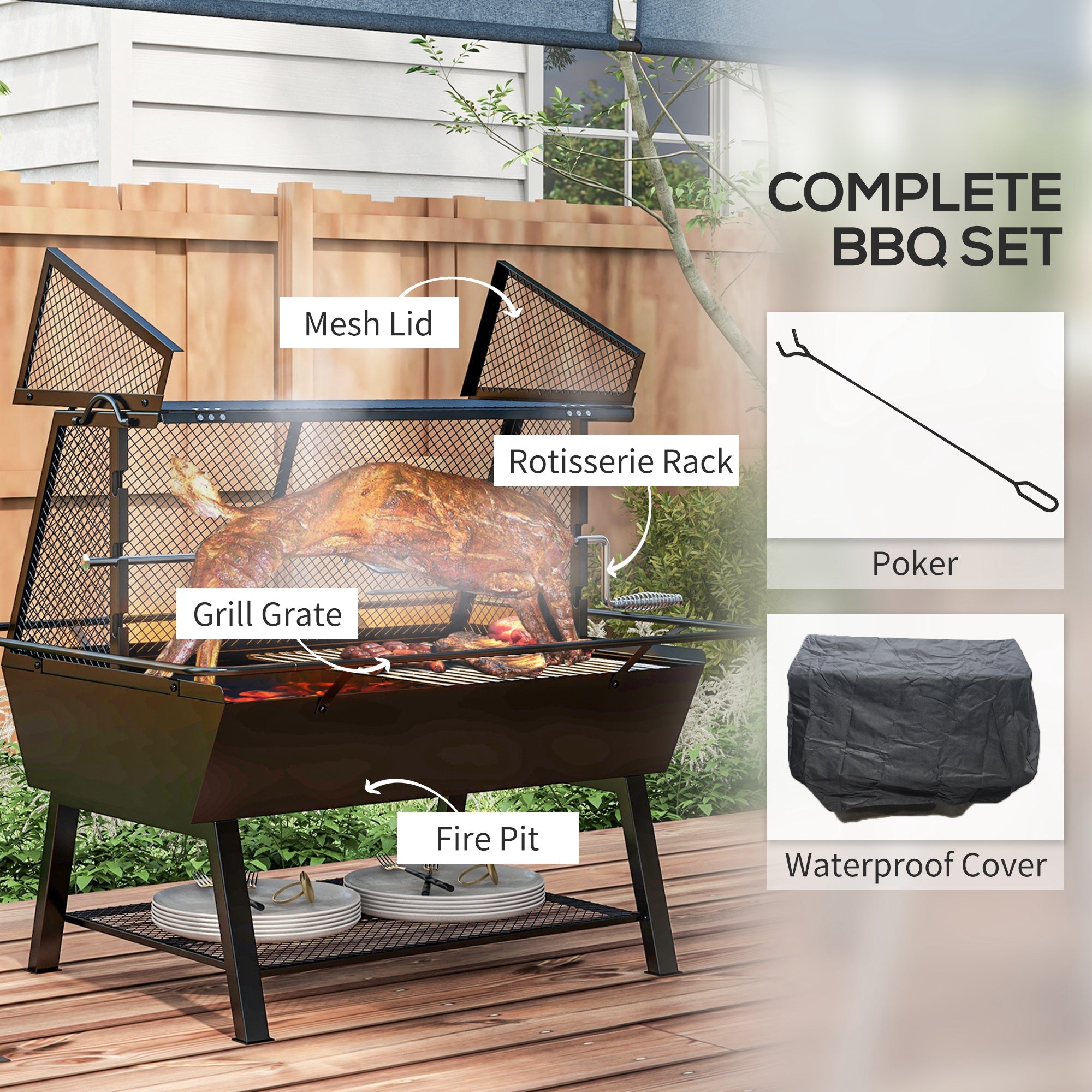 3-in-1 Charcoal Barbecue Grill, Rotisserie Roaster, Fire Pit with Storage Shelf and Mesh Lid