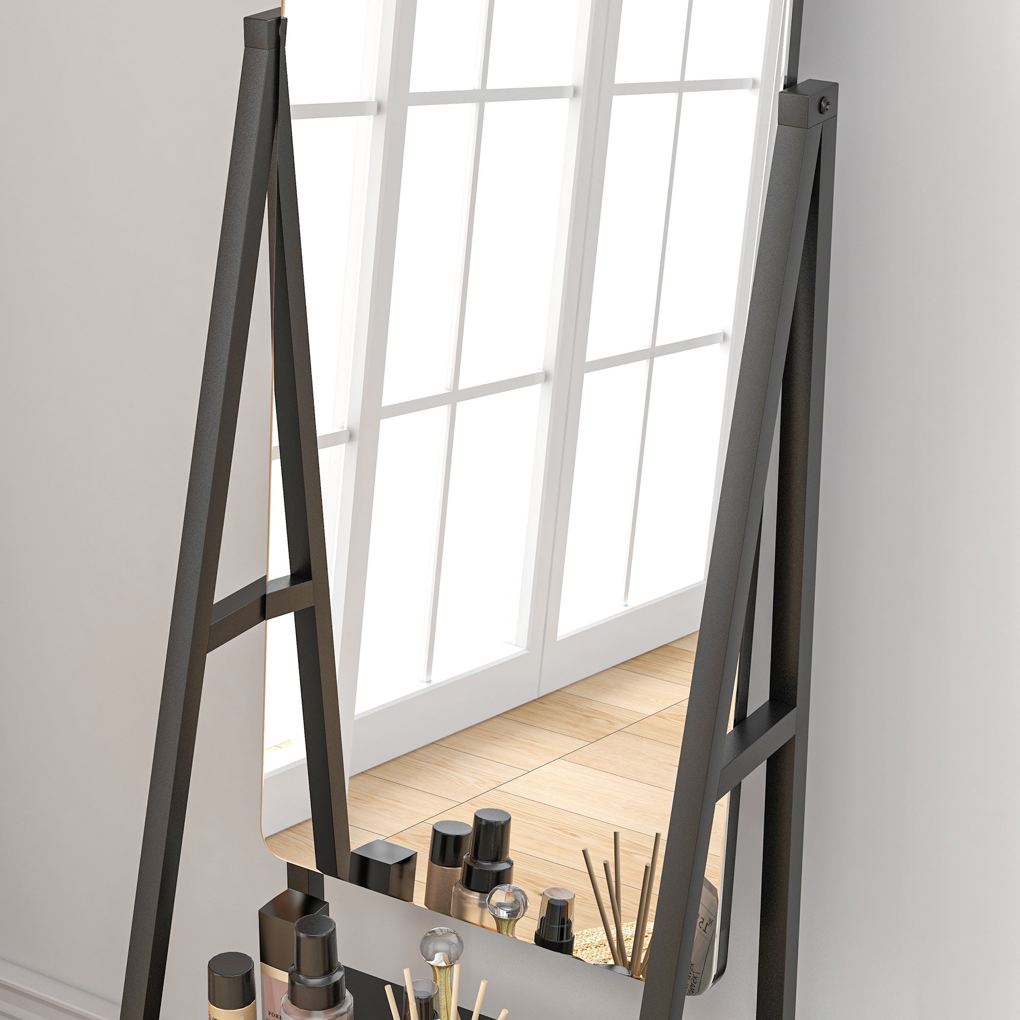 Free Standing Dressing Mirror, Rolling Full Length Mirror on Wheels with Adjustable Angle, Storage Shelves for Bedroom