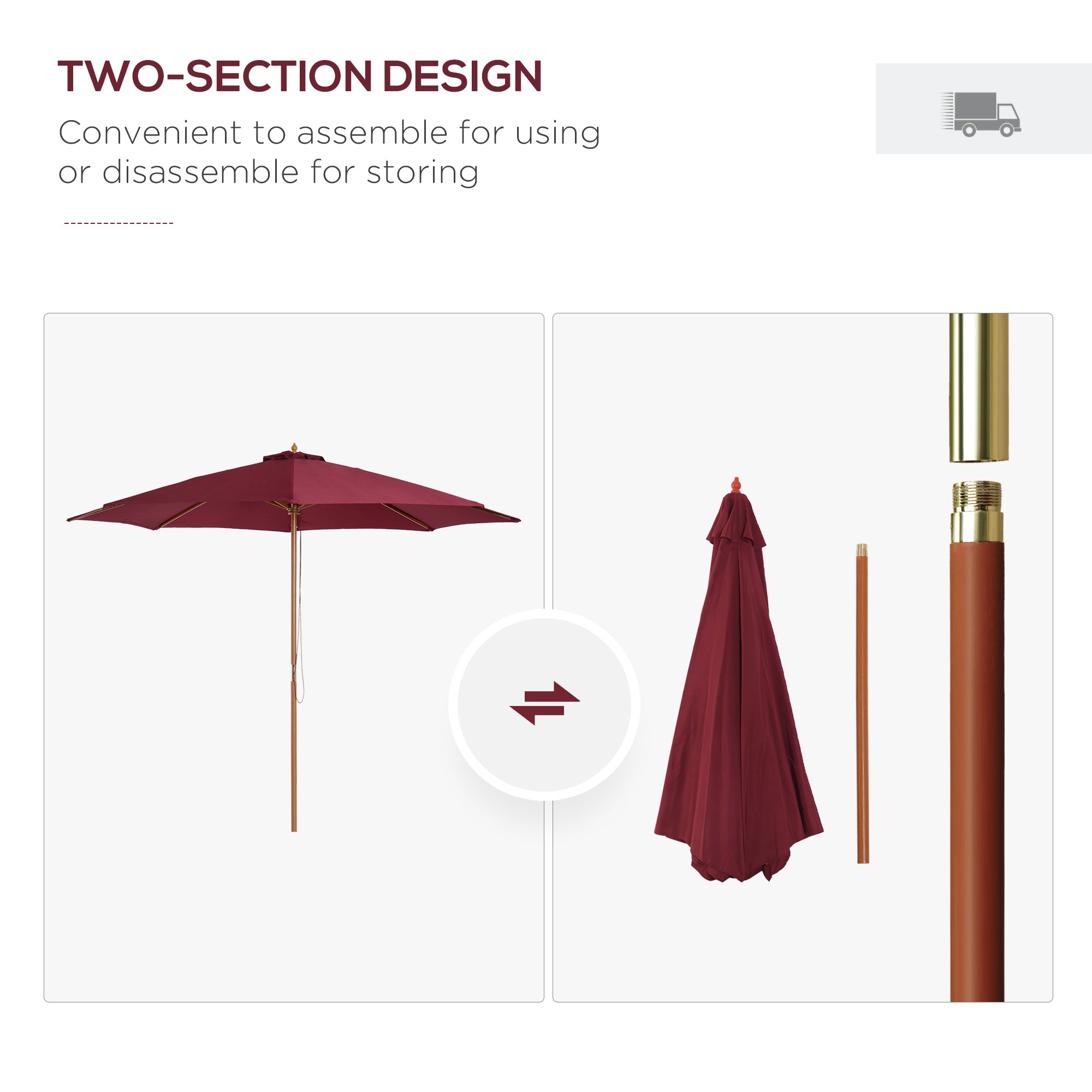 ⌀3m Bamboo Wooden Market Patio Umbrella Garden Parasol Outdoor Sunshade Canopy, 8-ribs,Wine Red