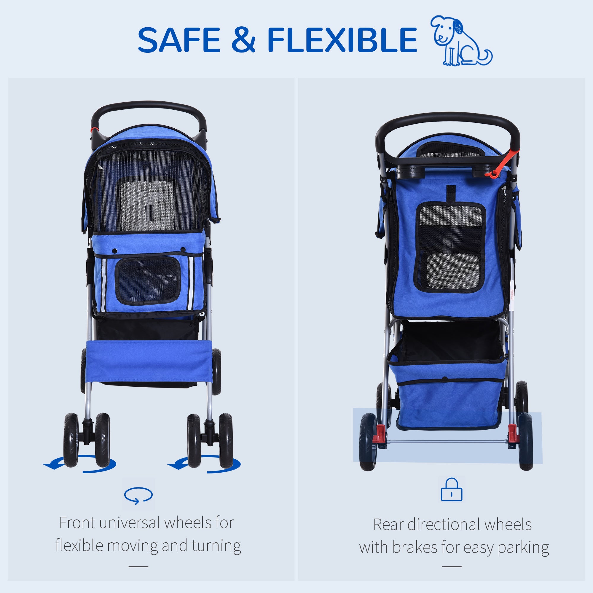 Dog Stroller with Rain Cover for Small Miniature Dogs, Folding Pet Pram with Cup Holder, Storage Basket, Reflective Strips, Blue