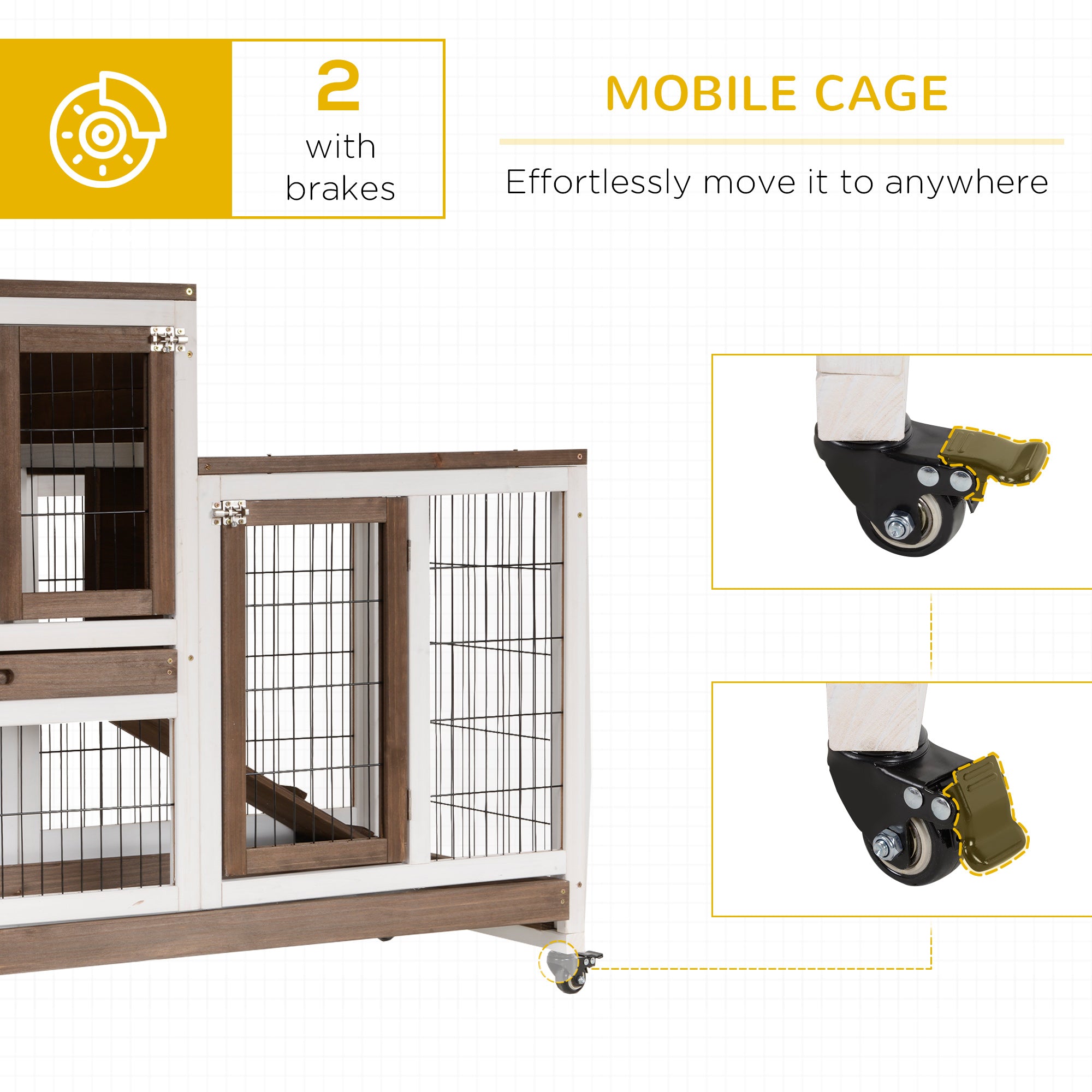 Wooden Indoor Rabbit Hutch Guinea Pig House Bunny Small Animal Cage W/ Wheels Enclosed Run 110 x 50 x 86 cm, Brown