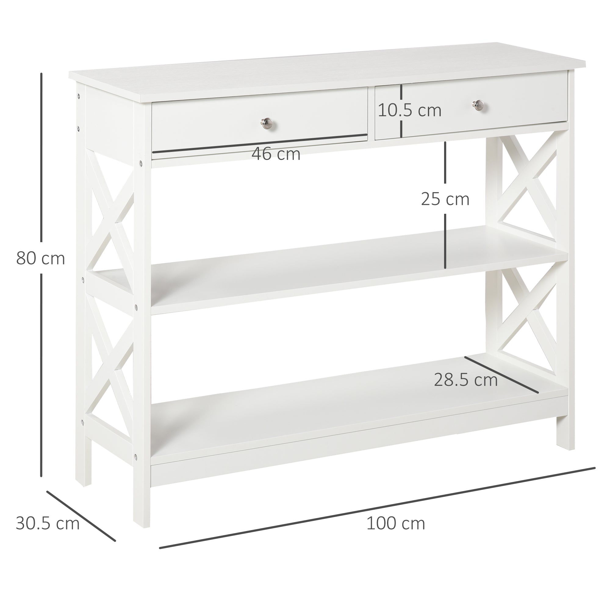 Console Table Side Desk w/ Shelves Drawers Open Top X Support Frame Living Room Hallway Home Office Furniture White