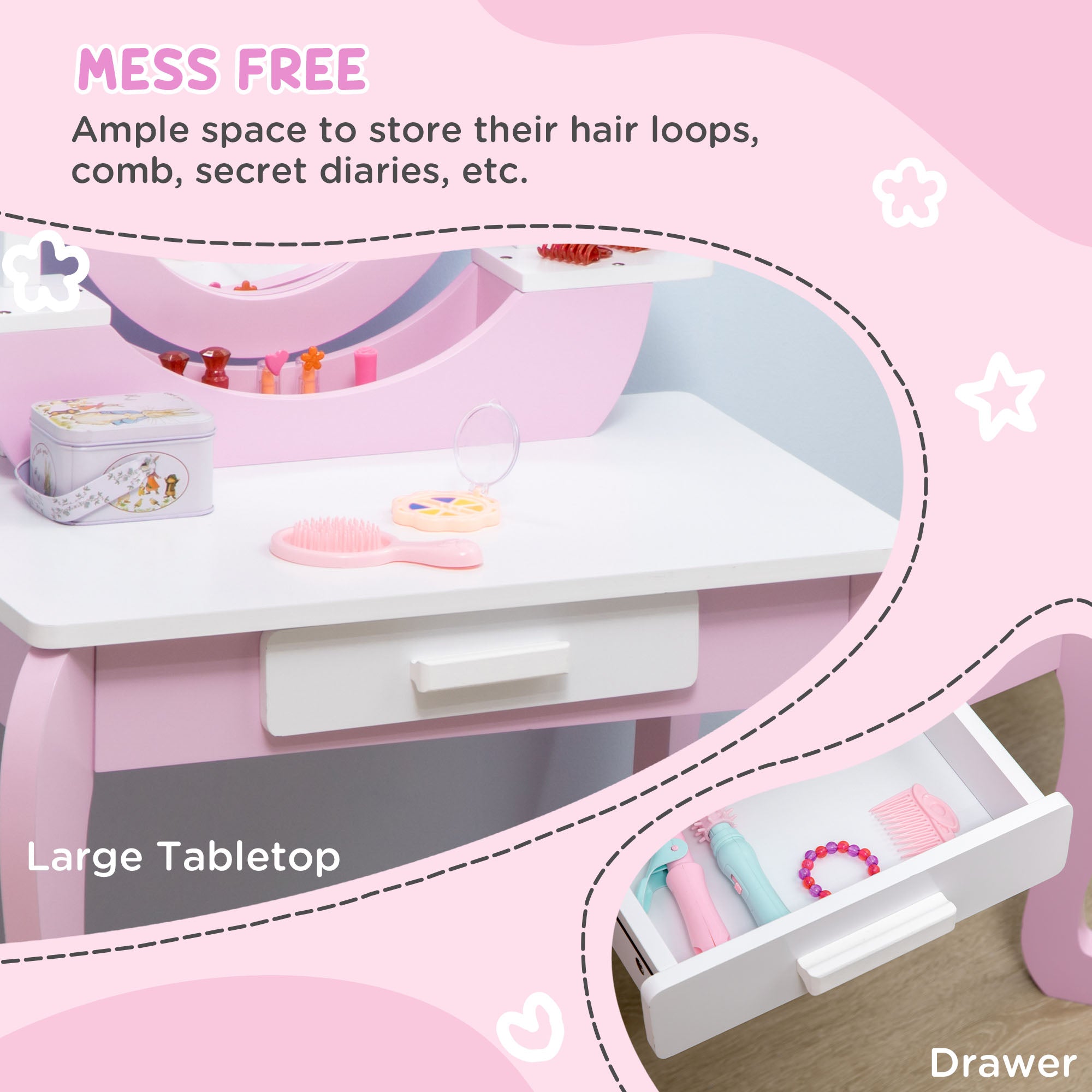 Kids Dressing Table Set Kids Vanity Set Girl Makeup Desk with Mirror Stool Drawer Round Legs for 3-6 Years Old, Pink