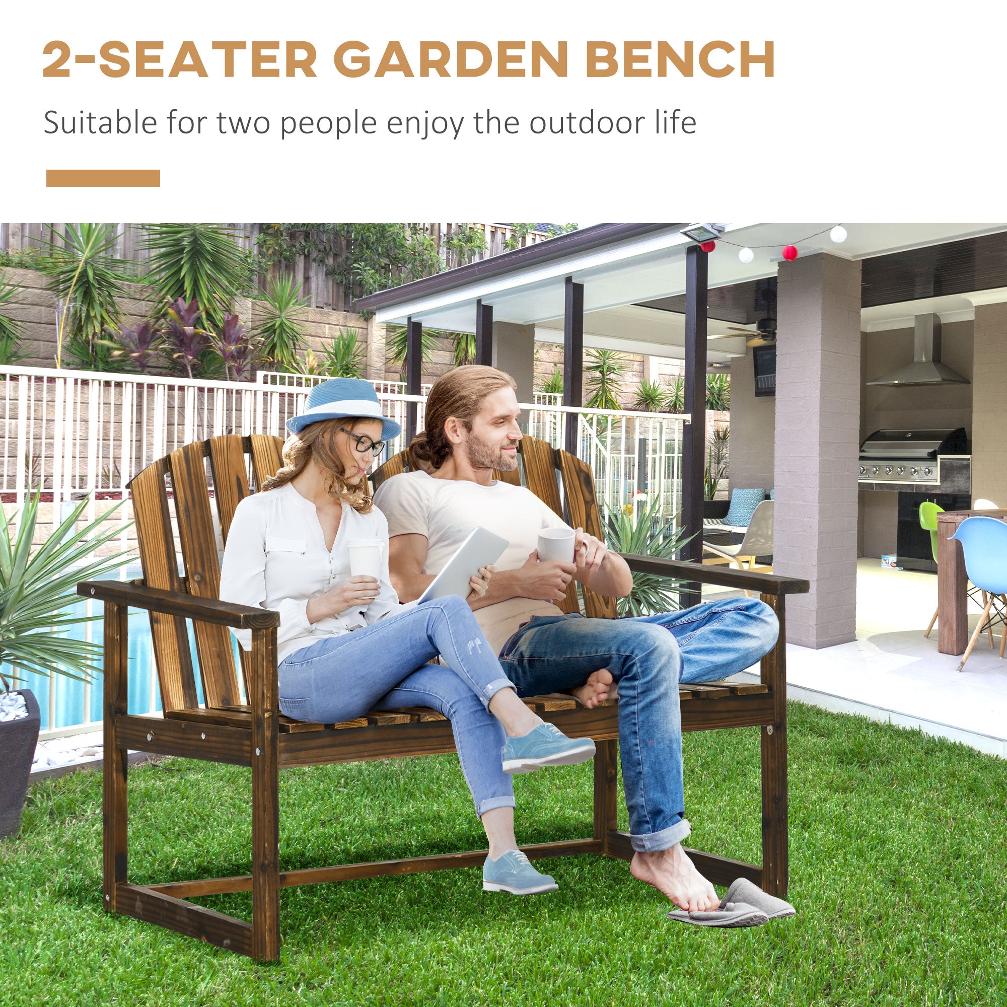 2 Seater Outdoor Wooden Garden Bench with Carbonised Finish - Carbonised