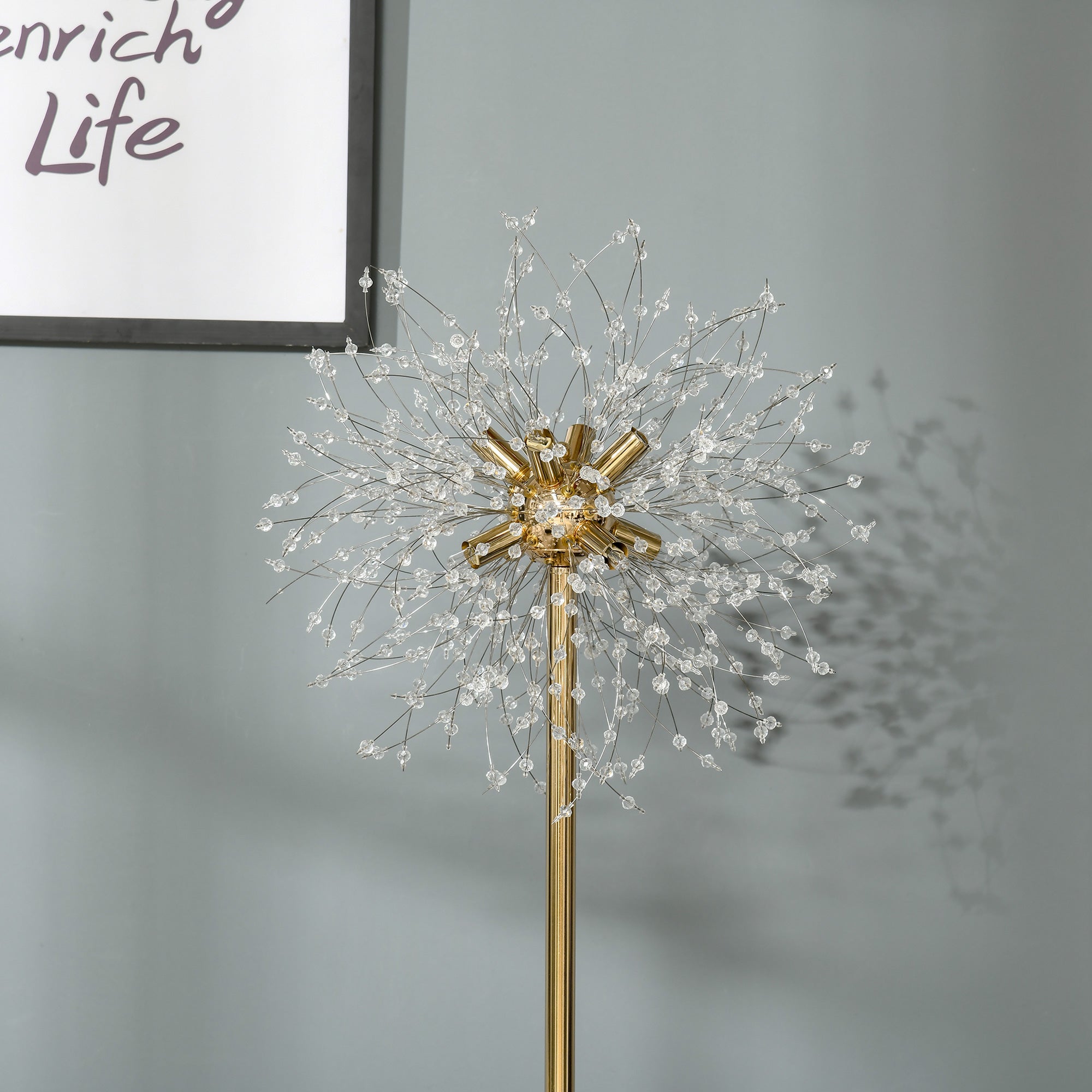 Modern Tall Floor Lamp with Dandelion Lampshade for Living Room - Gold Tone