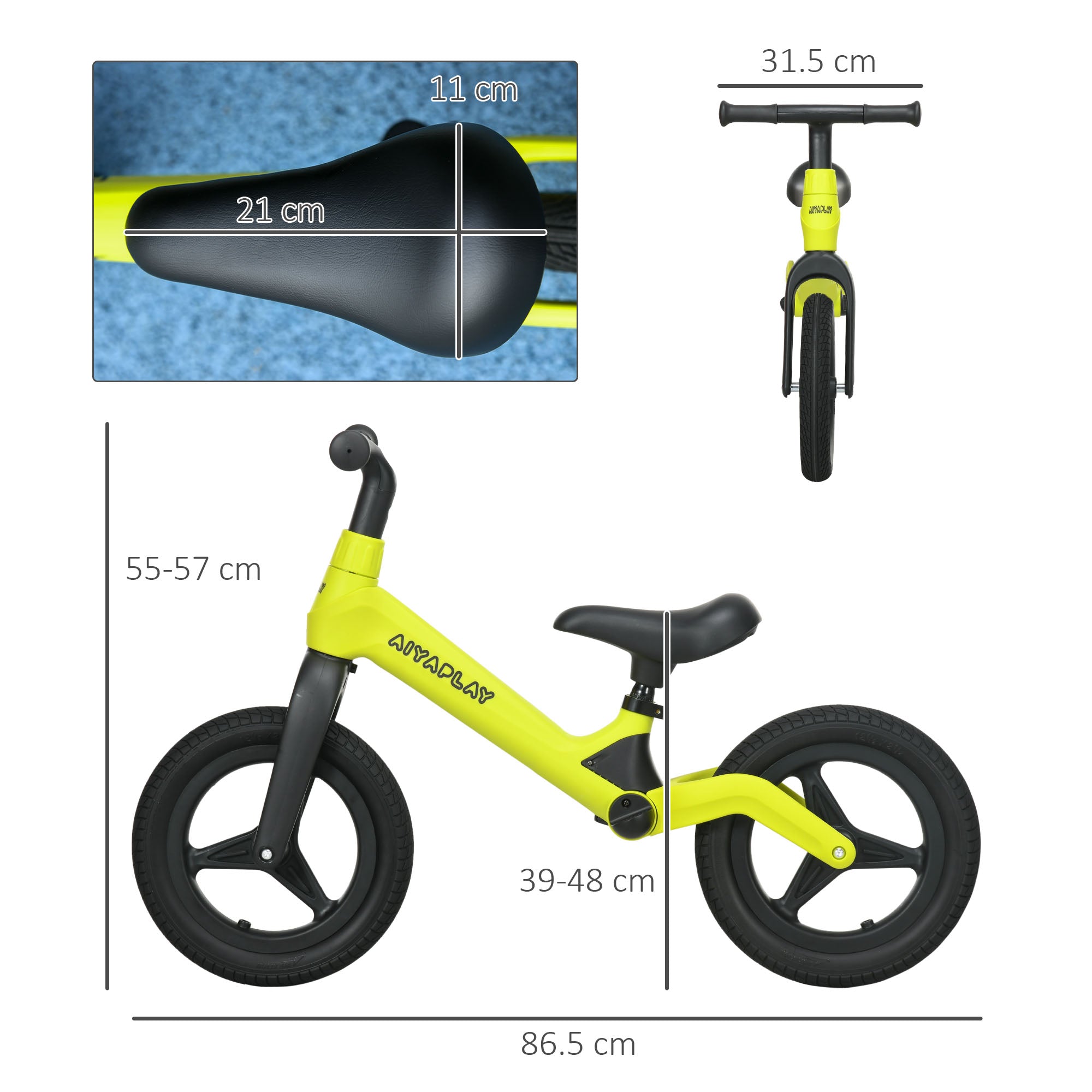 Balance Bike with Adjustable Seat and Handlebar, PU Wheels, No Pedal, Aged 30-60 Months up to 25kg - Green