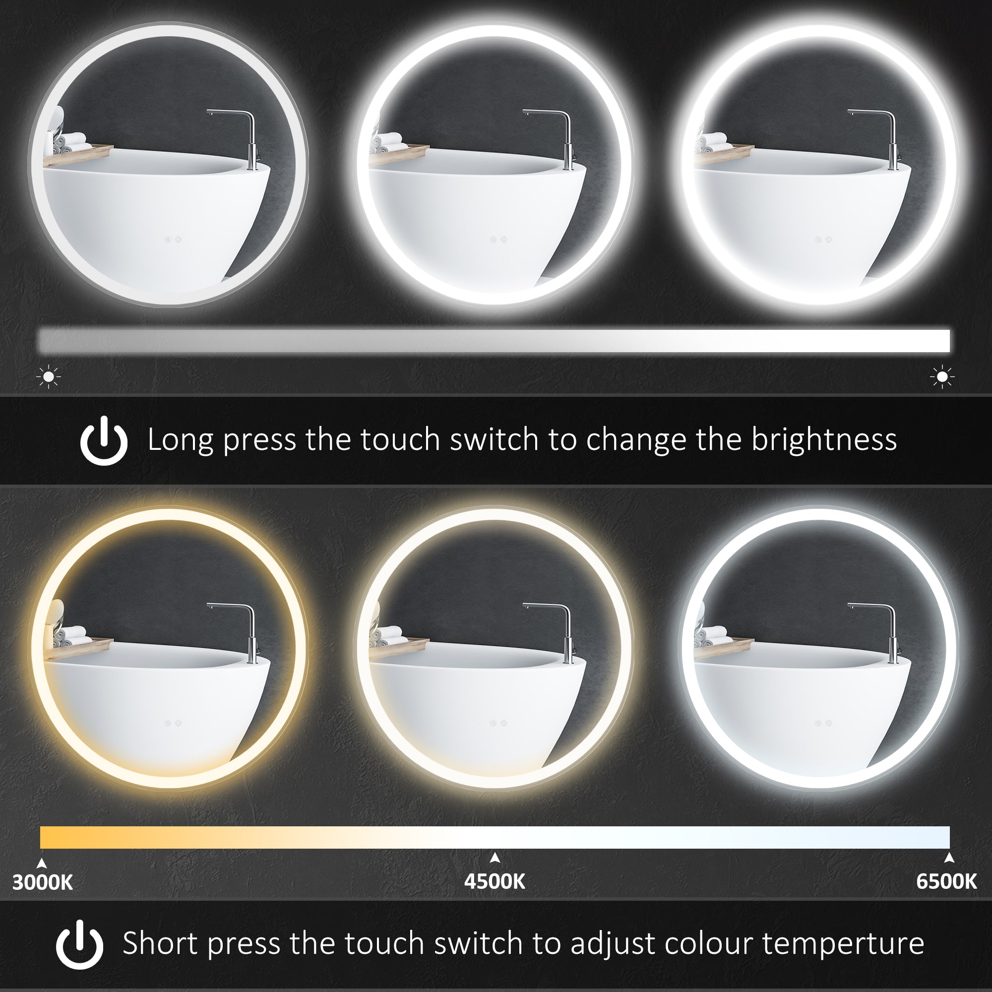 Round Bathroom Mirror with LED Lights, 3 Temperature Colours, Defogging Film, Aluminium Frame, Hardwired, 60 x 60 cm