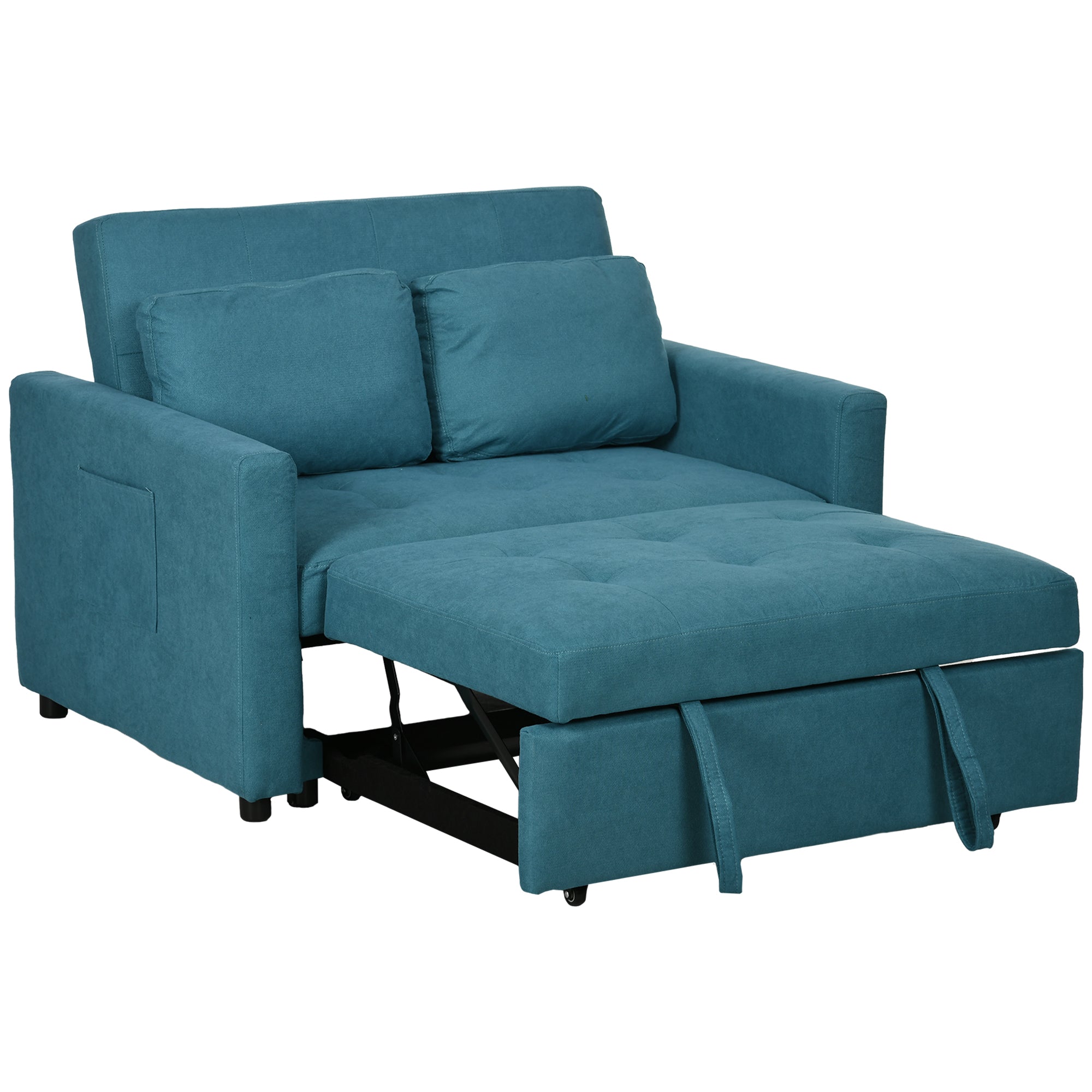 Loveseat Sofa Bed, Convertible Bed Settee with 2 Cushions, Side Pockets for Living Room, Blue