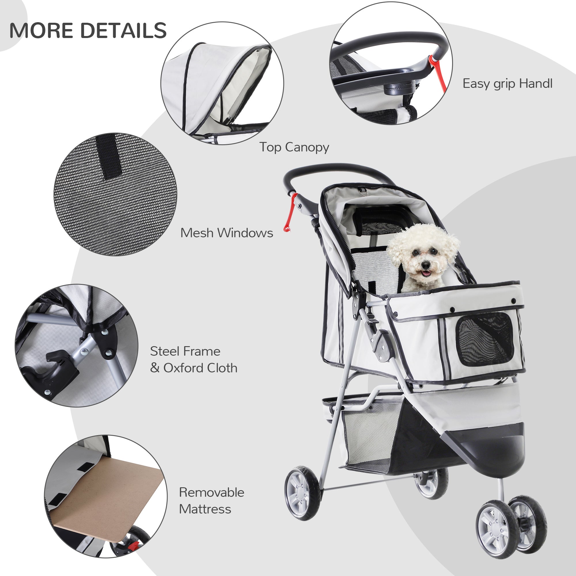 Dog Stroller Pet Travel Stroller Cat Dog Pushchair Trolley Puppy Jogger Carrier Three Wheels (Grey)