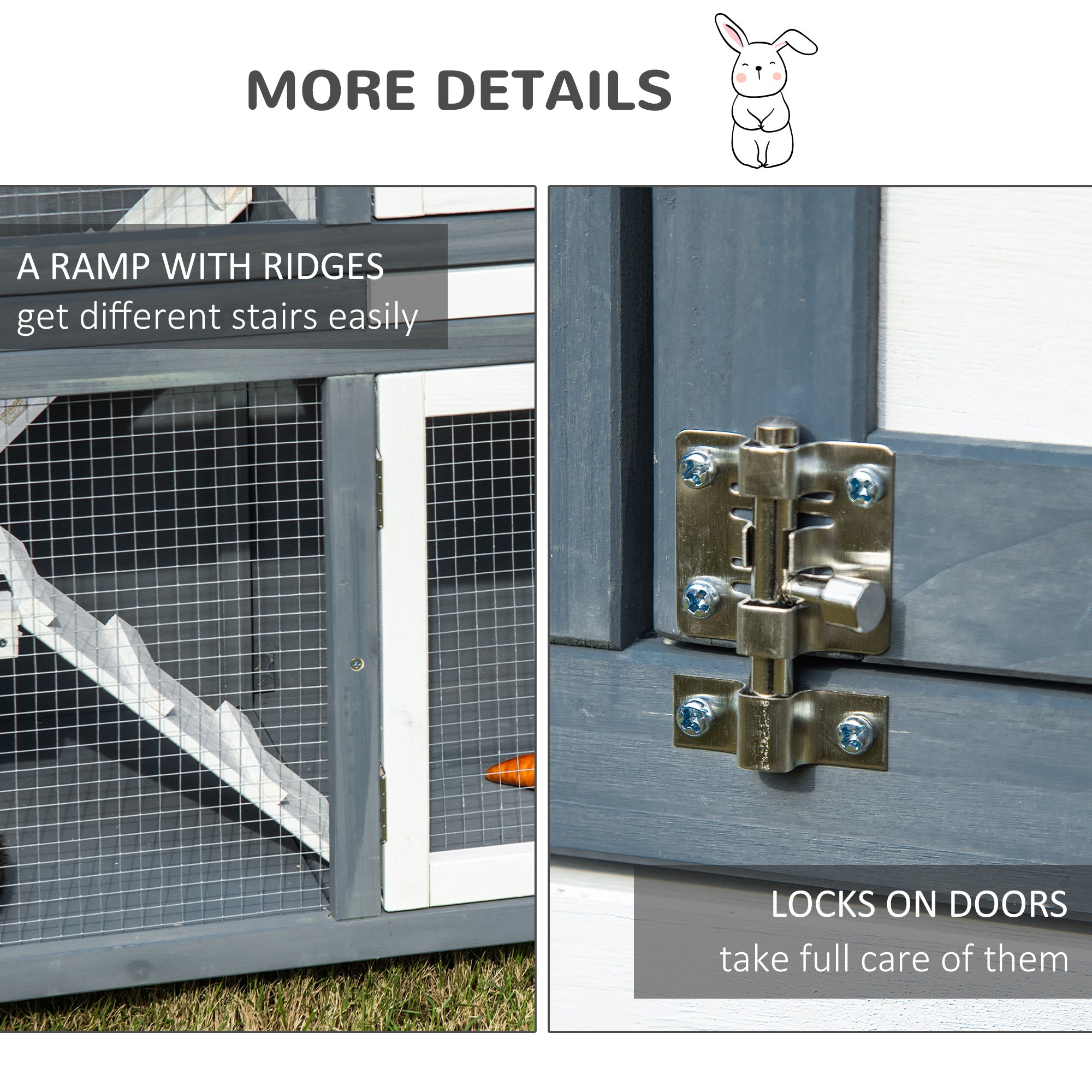 Two-Tier Wooden Rabbit Hutch Guinea Pig Cage w/ Openable Roof, Slide-Out Tray, Ramp - Grey