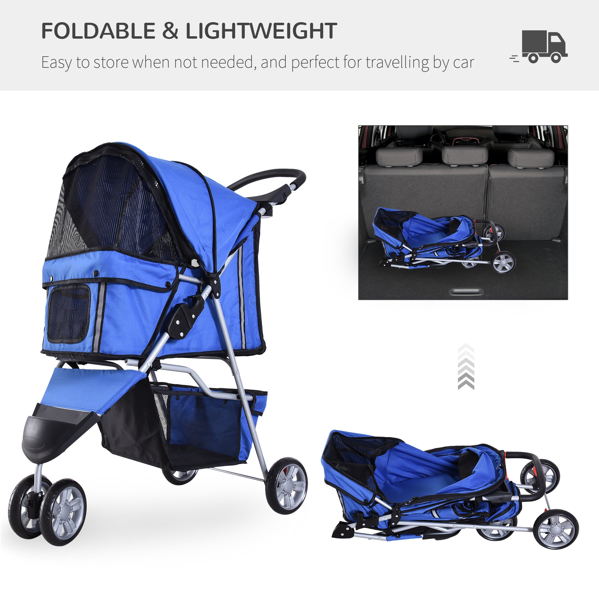 Dog Stroller with Cover for Small Miniature Dogs, Folding Cat Pram Dog Pushchair with Cup Holder, Storage Basket, Reflective Strips, Blue